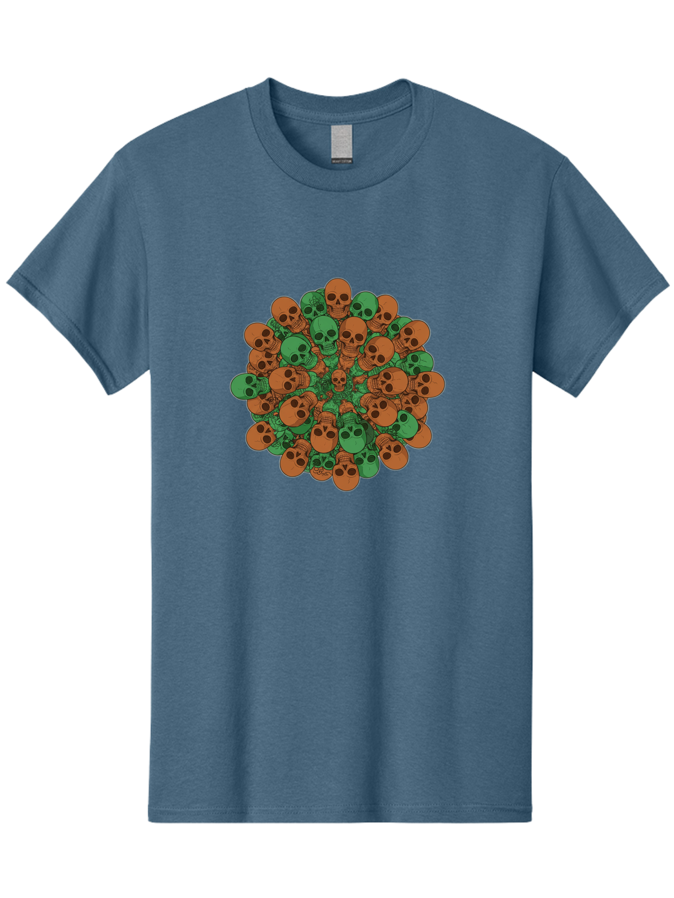 Skull-Cluster-2 Men'S Graphic Tee, 100% Cotton, Comfortable Casual Summer Wear, Machine Washable, Cluster Of Skulls, Orange And Green Skulls, Skull Illustration, Skull Design, Mortality Symbol, Death Theme, Gothic Art, Macabre Imagery Bad582