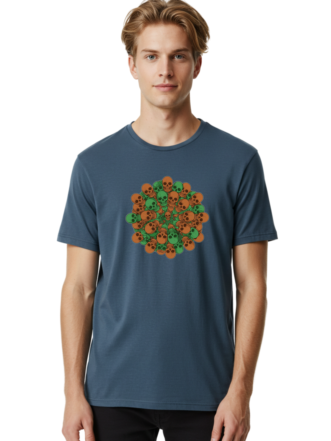 Skull-Cluster-2 Men'S Graphic Tee, 100% Cotton, Comfortable Casual Summer Wear, Machine Washable, Cluster Of Skulls, Orange And Green Skulls, Skull Illustration, Skull Design, Mortality Symbol, Death Theme, Gothic Art, Macabre Imagery Bad582