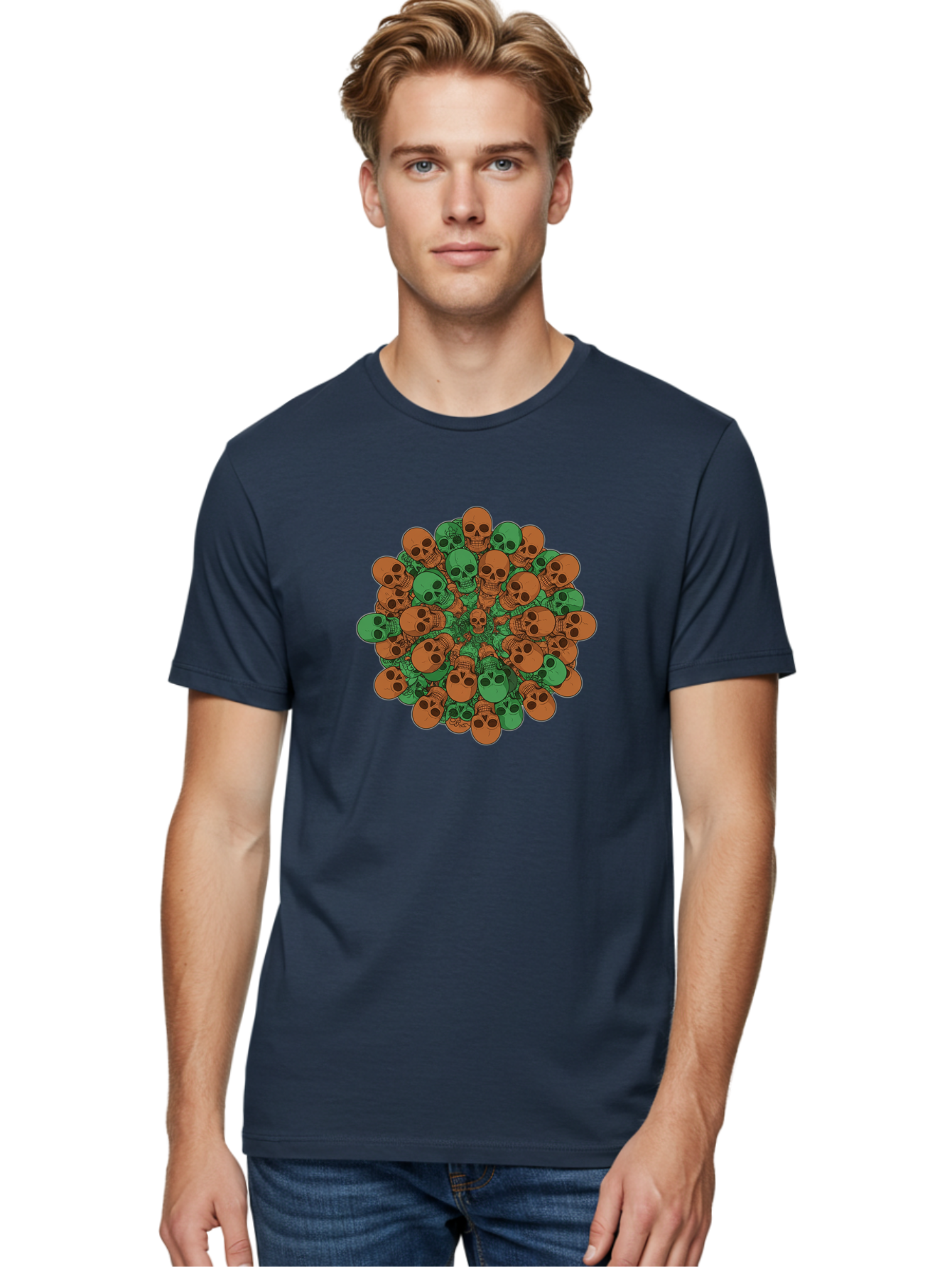 Skull-Cluster-2 Men'S Graphic Tee, 100% Cotton, Comfortable Casual Summer Wear, Machine Washable, Cluster Of Skulls, Orange And Green Skulls, Skull Illustration, Skull Design, Mortality Symbol, Death Theme, Gothic Art, Macabre Imagery Bad582