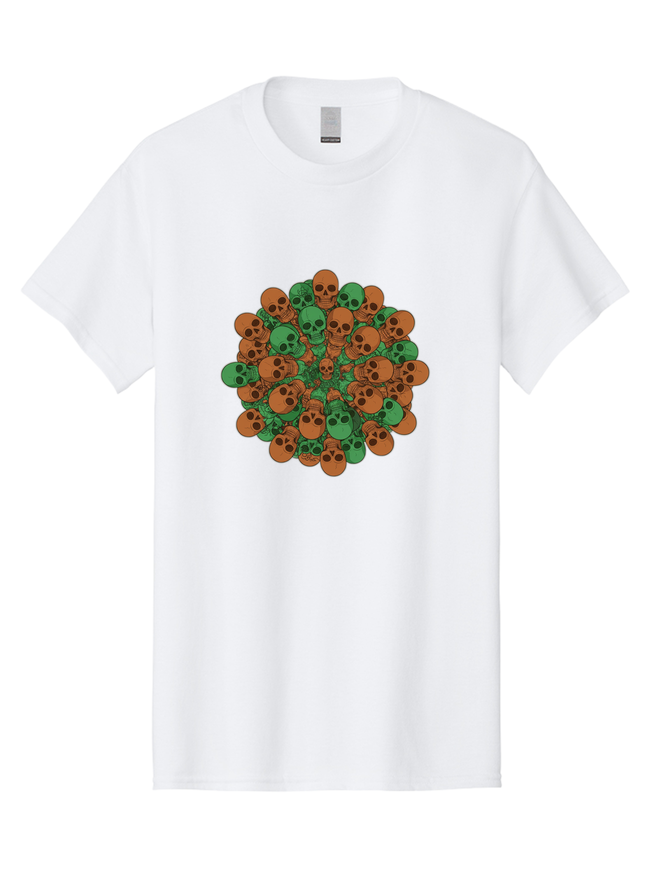 Skull-Cluster-2 Men'S Graphic Tee, 100% Cotton, Comfortable Casual Summer Wear, Machine Washable, Cluster Of Skulls, Orange And Green Skulls, Skull Illustration, Skull Design, Mortality Symbol, Death Theme, Gothic Art, Macabre Imagery Bad582