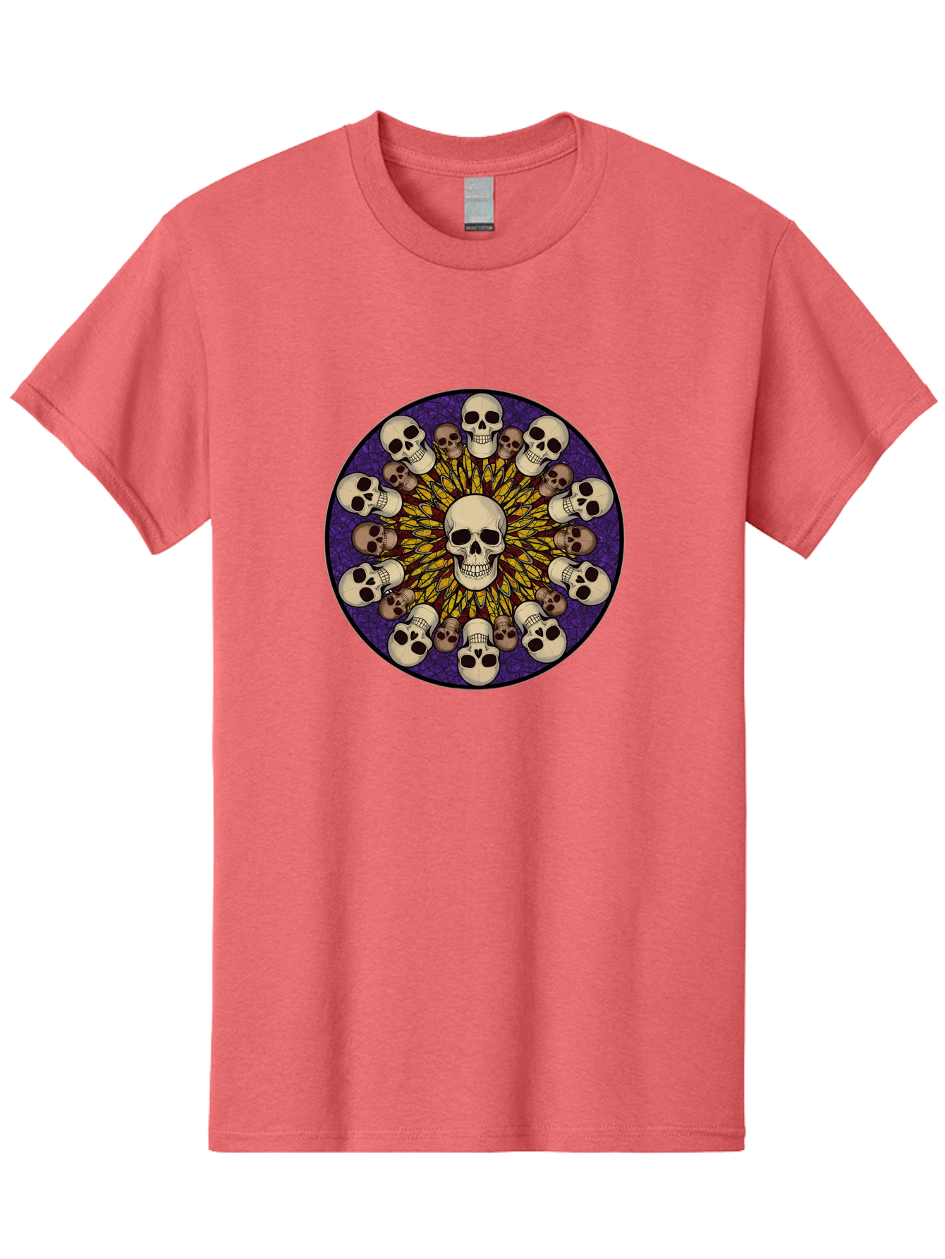 Skull-Explosion Men'S Graphic Tee, 100% Cotton, Comfortable Casual Summer Wear, Machine Washable, Skull Mandala, Human Skulls, Intricate Design, Purple Background, Abstract Art, Alternative Culture, Gothic Art, Yellow Rays, Circle Pattern, Bad584
