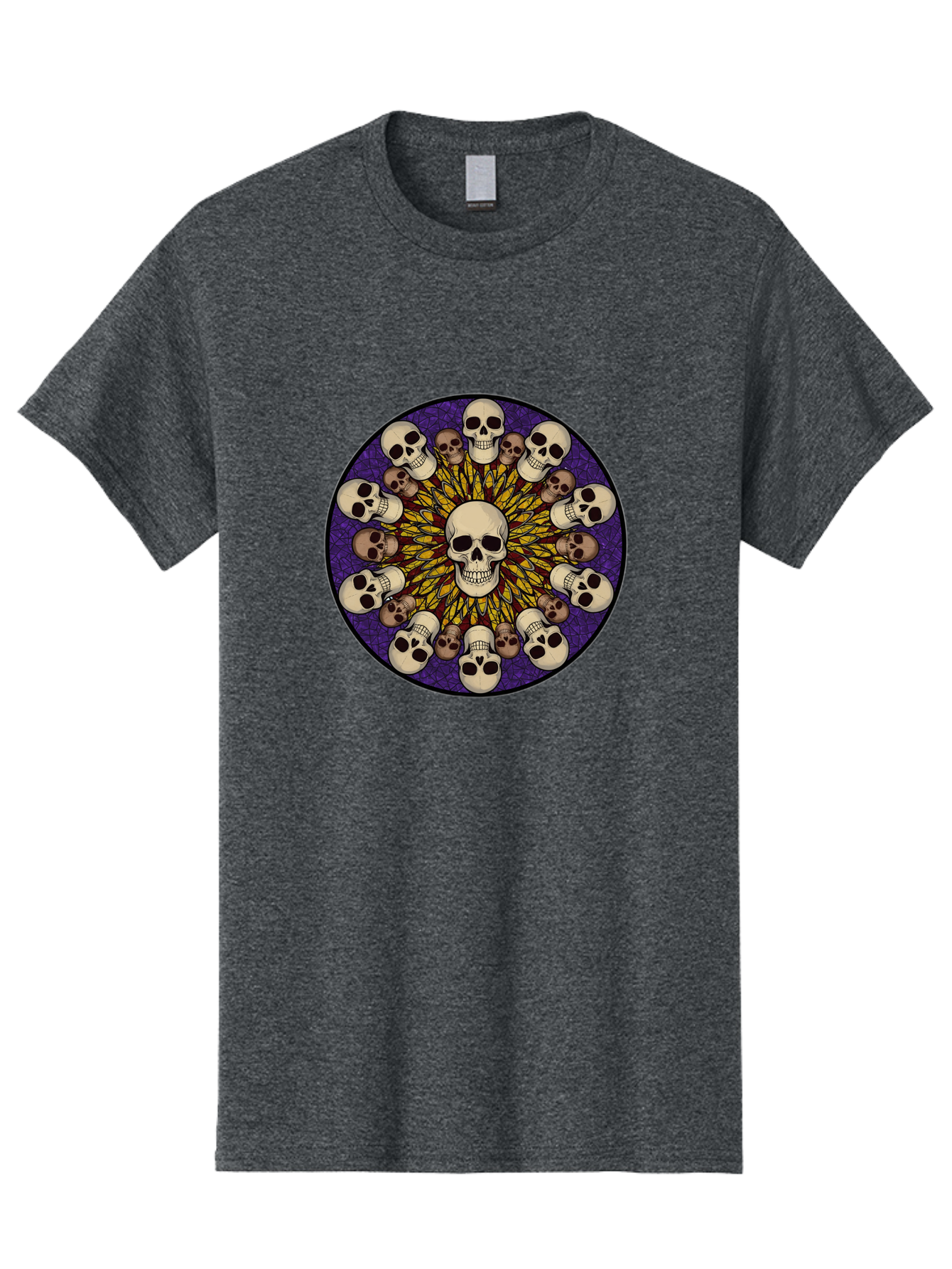 Skull-Explosion Men'S Graphic Tee, 100% Cotton, Comfortable Casual Summer Wear, Machine Washable, Skull Mandala, Human Skulls, Intricate Design, Purple Background, Abstract Art, Alternative Culture, Gothic Art, Yellow Rays, Circle Pattern, Bad584