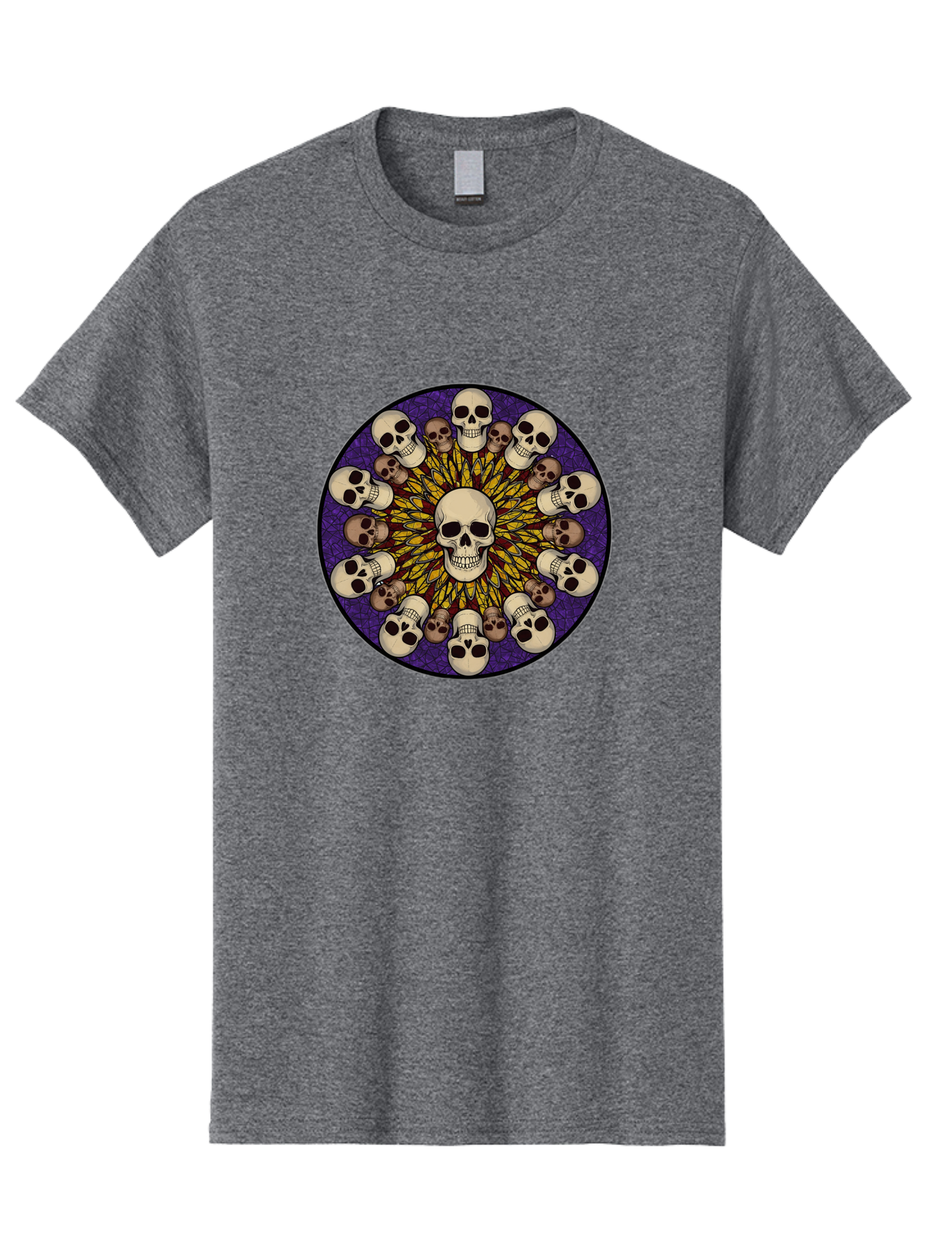 Skull-Explosion Men'S Graphic Tee, 100% Cotton, Comfortable Casual Summer Wear, Machine Washable, Skull Mandala, Human Skulls, Intricate Design, Purple Background, Abstract Art, Alternative Culture, Gothic Art, Yellow Rays, Circle Pattern, Bad584