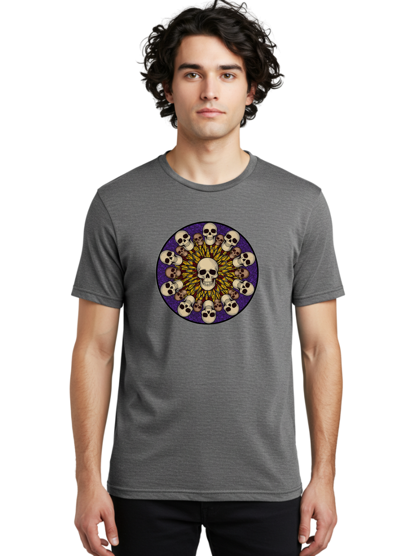 Skull-Explosion Men'S Graphic Tee, 100% Cotton, Comfortable Casual Summer Wear, Machine Washable, Skull Mandala, Human Skulls, Intricate Design, Purple Background, Abstract Art, Alternative Culture, Gothic Art, Yellow Rays, Circle Pattern, Bad584