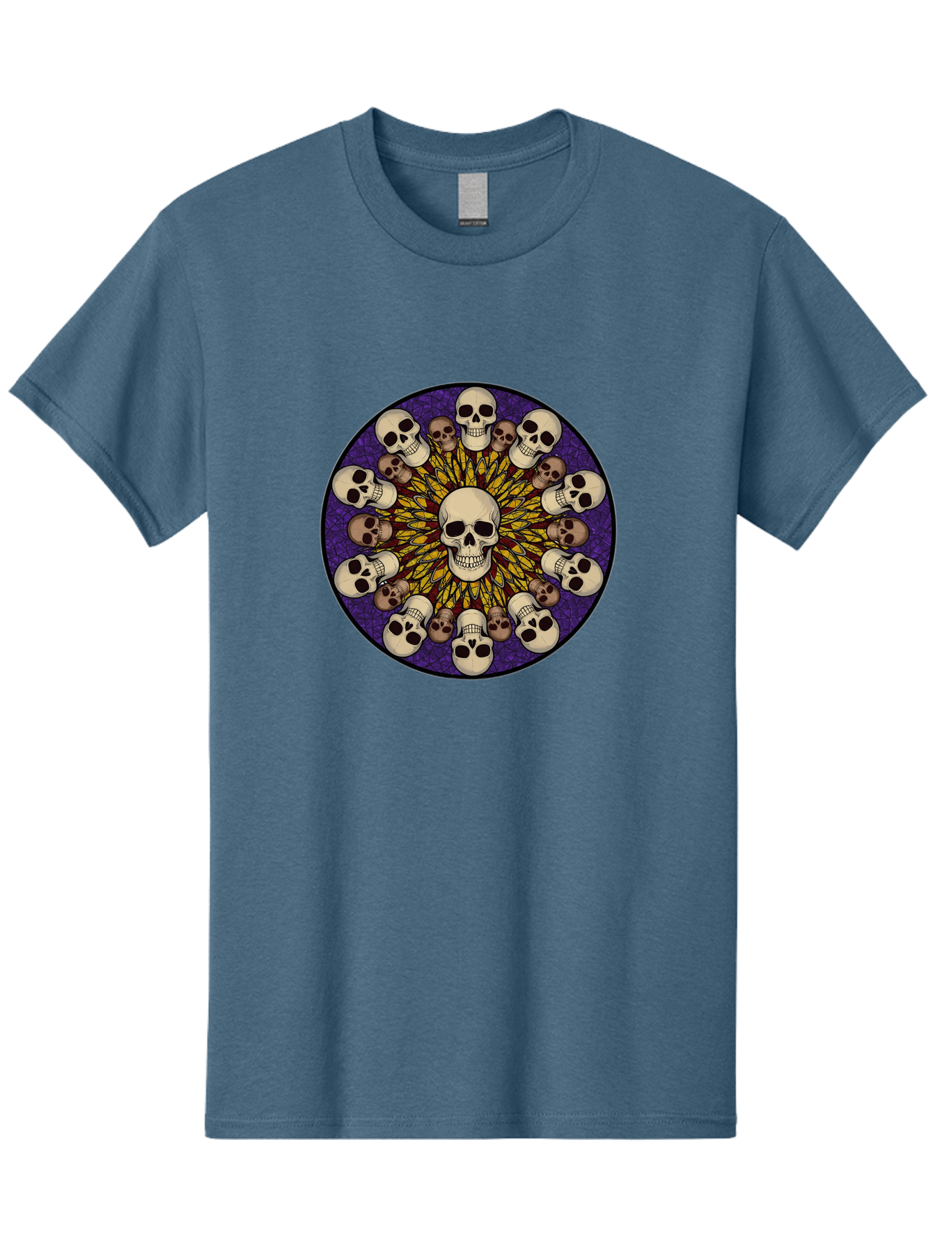 Skull-Explosion Men'S Graphic Tee, 100% Cotton, Comfortable Casual Summer Wear, Machine Washable, Skull Mandala, Human Skulls, Intricate Design, Purple Background, Abstract Art, Alternative Culture, Gothic Art, Yellow Rays, Circle Pattern, Bad584
