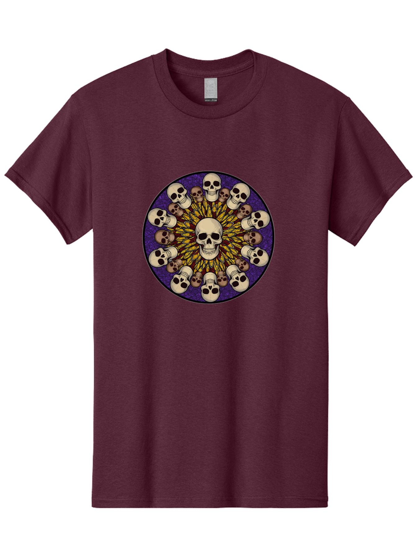 Skull-Explosion Men'S Graphic Tee, 100% Cotton, Comfortable Casual Summer Wear, Machine Washable, Skull Mandala, Human Skulls, Intricate Design, Purple Background, Abstract Art, Alternative Culture, Gothic Art, Yellow Rays, Circle Pattern, Bad584