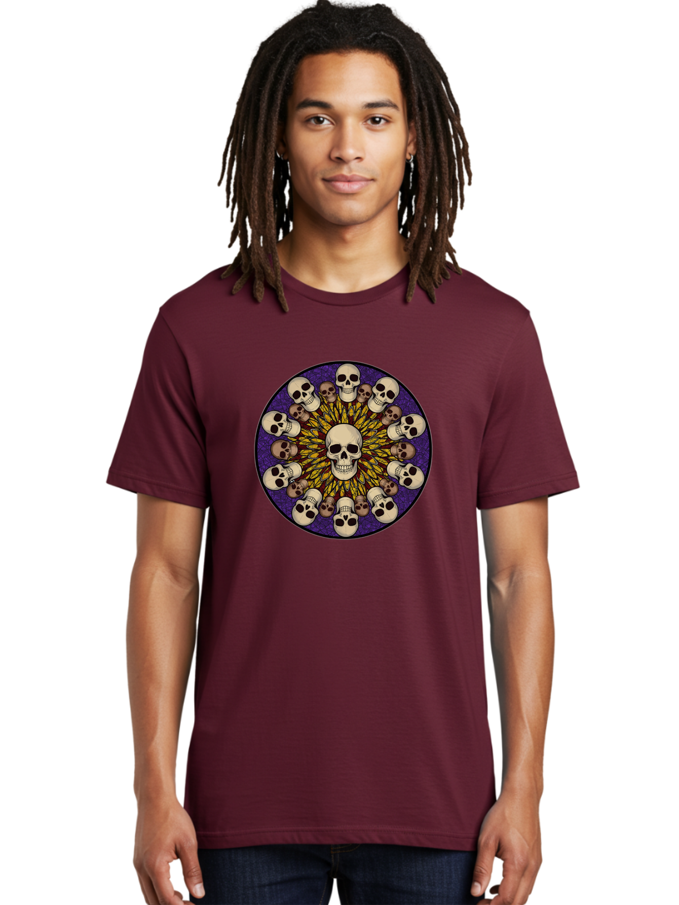 Skull-Explosion Men'S Graphic Tee, 100% Cotton, Comfortable Casual Summer Wear, Machine Washable, Skull Mandala, Human Skulls, Intricate Design, Purple Background, Abstract Art, Alternative Culture, Gothic Art, Yellow Rays, Circle Pattern, Bad584