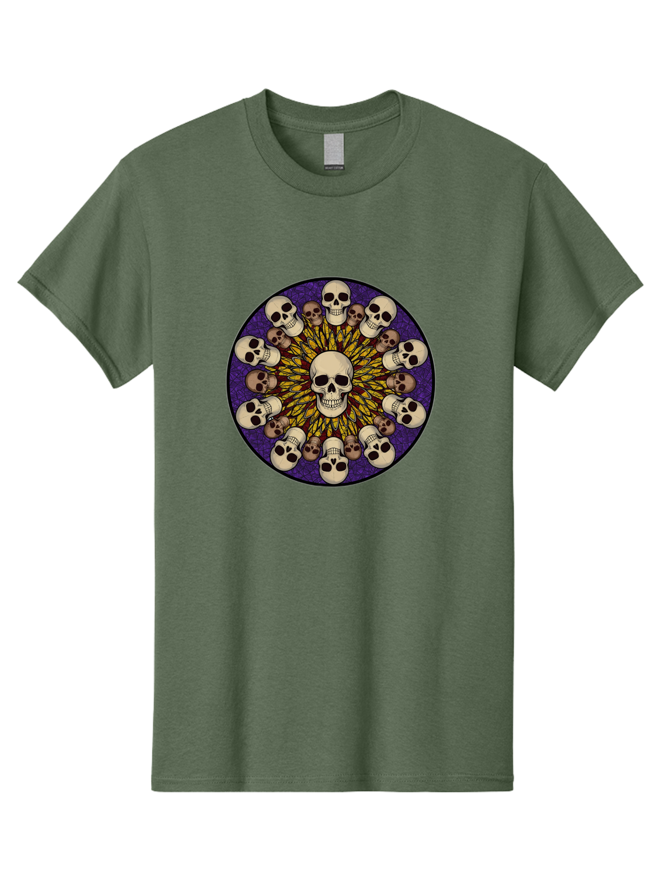 Skull-Explosion Men'S Graphic Tee, 100% Cotton, Comfortable Casual Summer Wear, Machine Washable, Skull Mandala, Human Skulls, Intricate Design, Purple Background, Abstract Art, Alternative Culture, Gothic Art, Yellow Rays, Circle Pattern, Bad584