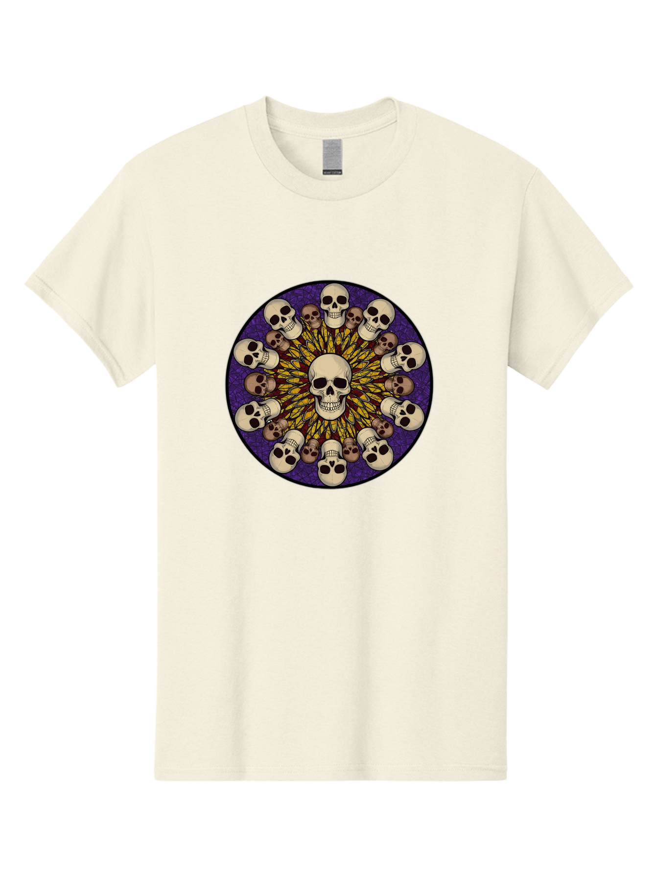 Skull-Explosion Men'S Graphic Tee, 100% Cotton, Comfortable Casual Summer Wear, Machine Washable, Skull Mandala, Human Skulls, Intricate Design, Purple Background, Abstract Art, Alternative Culture, Gothic Art, Yellow Rays, Circle Pattern, Bad584