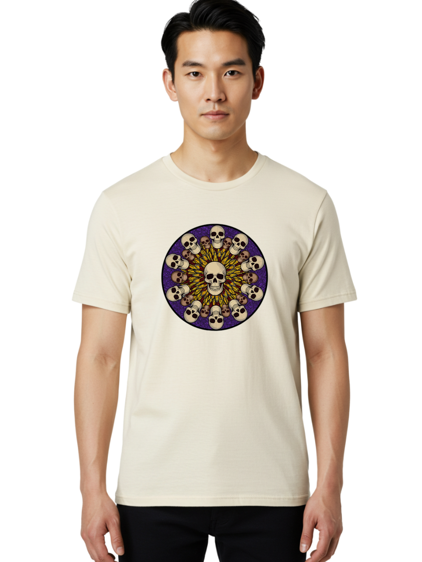 Skull-Explosion Men'S Graphic Tee, 100% Cotton, Comfortable Casual Summer Wear, Machine Washable, Skull Mandala, Human Skulls, Intricate Design, Purple Background, Abstract Art, Alternative Culture, Gothic Art, Yellow Rays, Circle Pattern, Bad584