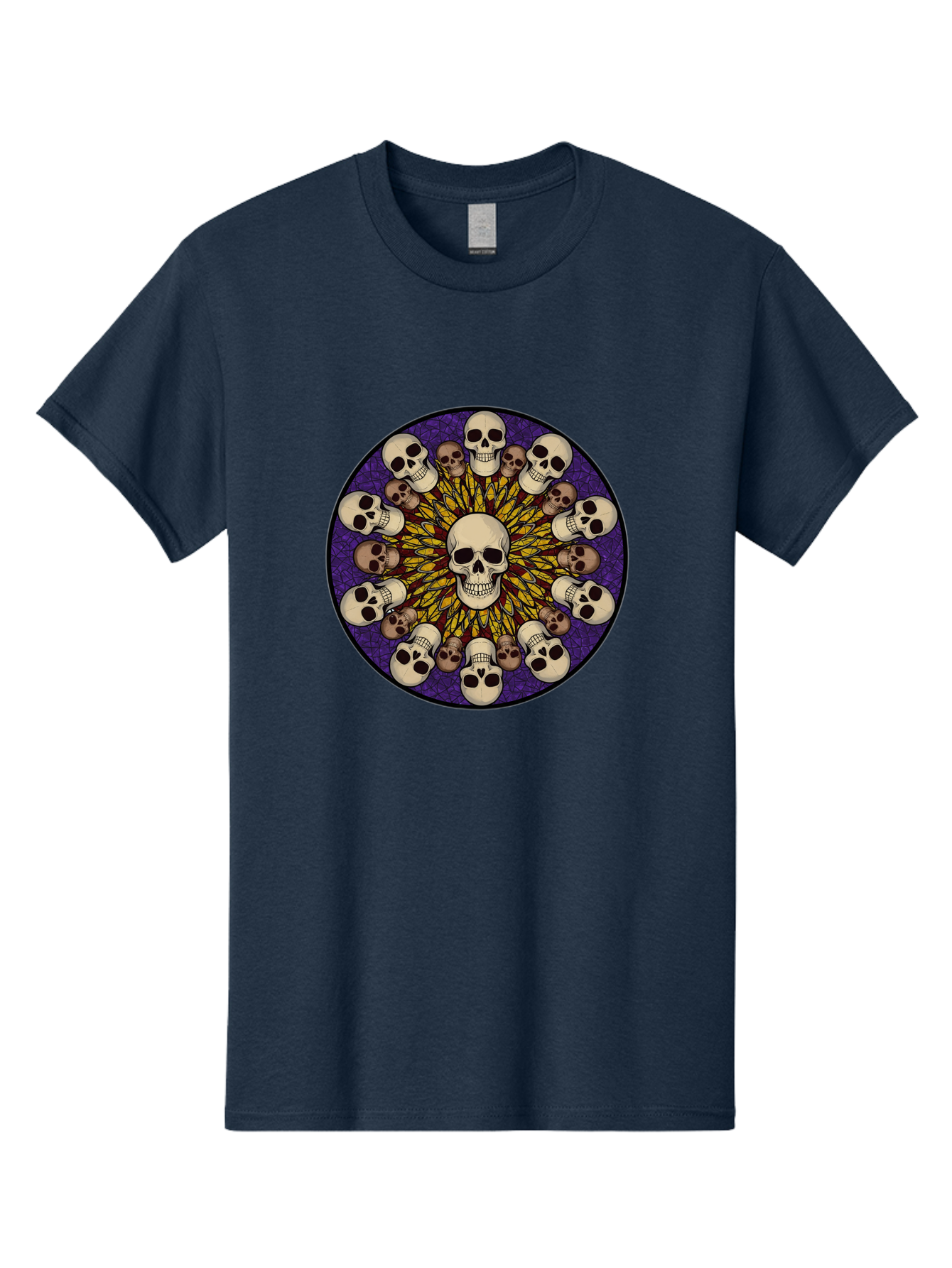 Skull-Explosion Men'S Graphic Tee, 100% Cotton, Comfortable Casual Summer Wear, Machine Washable, Skull Mandala, Human Skulls, Intricate Design, Purple Background, Abstract Art, Alternative Culture, Gothic Art, Yellow Rays, Circle Pattern, Bad584