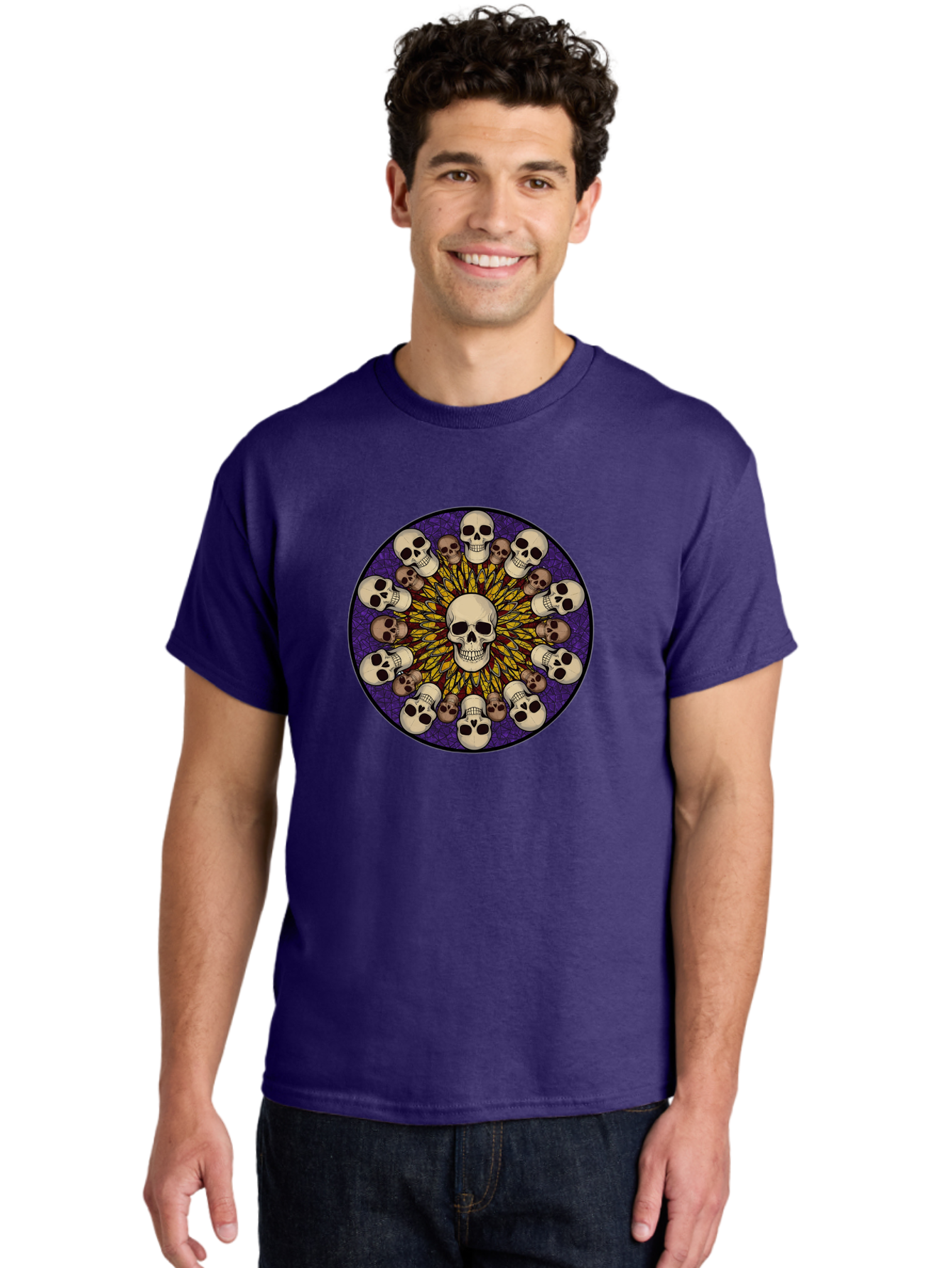 Skull-Explosion Men'S Graphic Tee, 100% Cotton, Comfortable Casual Summer Wear, Machine Washable, Skull Mandala, Human Skulls, Intricate Design, Purple Background, Abstract Art, Alternative Culture, Gothic Art, Yellow Rays, Circle Pattern, Bad584