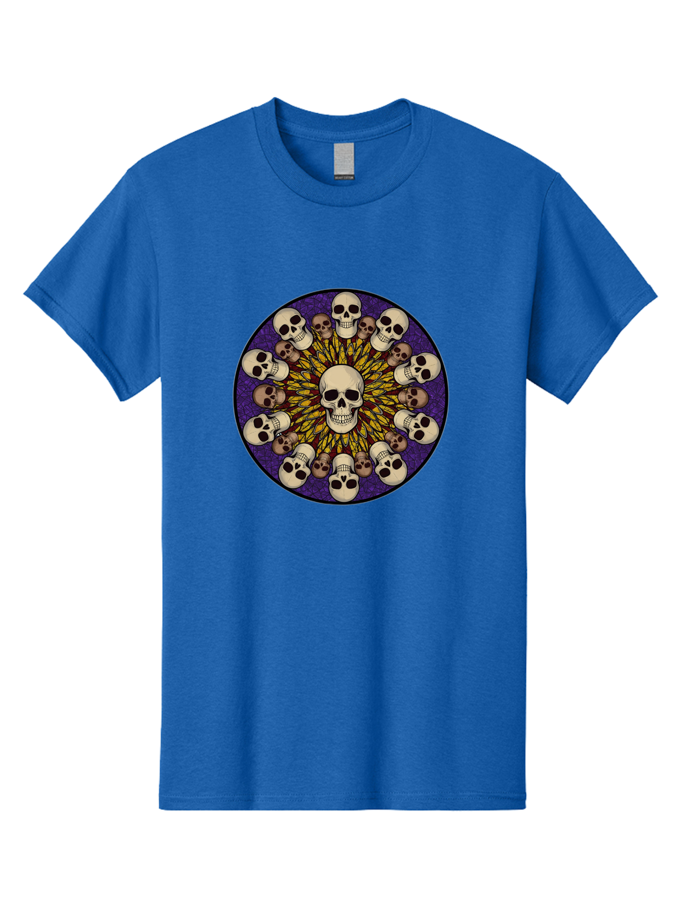 Skull-Explosion Men'S Graphic Tee, 100% Cotton, Comfortable Casual Summer Wear, Machine Washable, Skull Mandala, Human Skulls, Intricate Design, Purple Background, Abstract Art, Alternative Culture, Gothic Art, Yellow Rays, Circle Pattern, Bad584