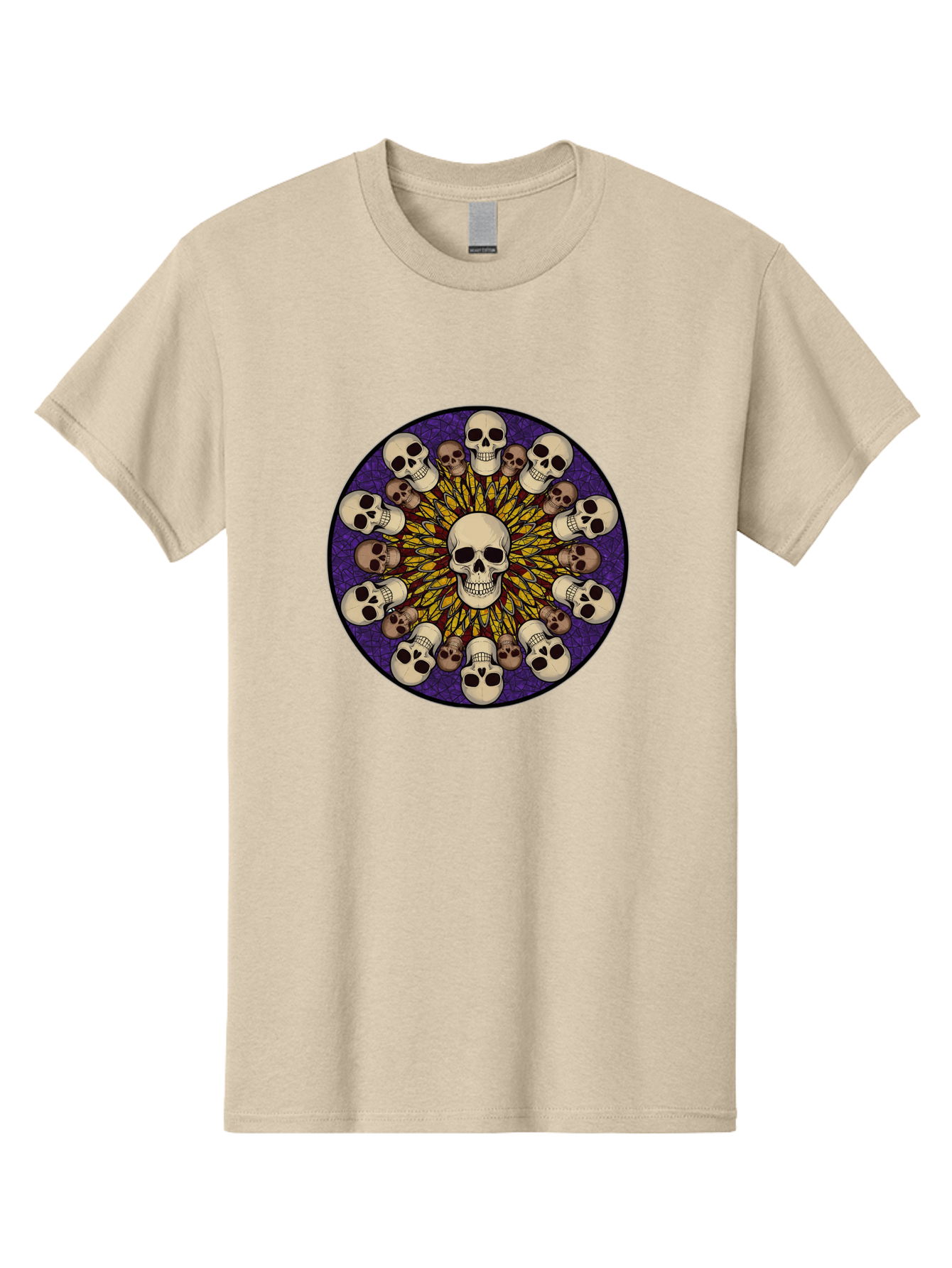 Skull-Explosion Men'S Graphic Tee, 100% Cotton, Comfortable Casual Summer Wear, Machine Washable, Skull Mandala, Human Skulls, Intricate Design, Purple Background, Abstract Art, Alternative Culture, Gothic Art, Yellow Rays, Circle Pattern, Bad584