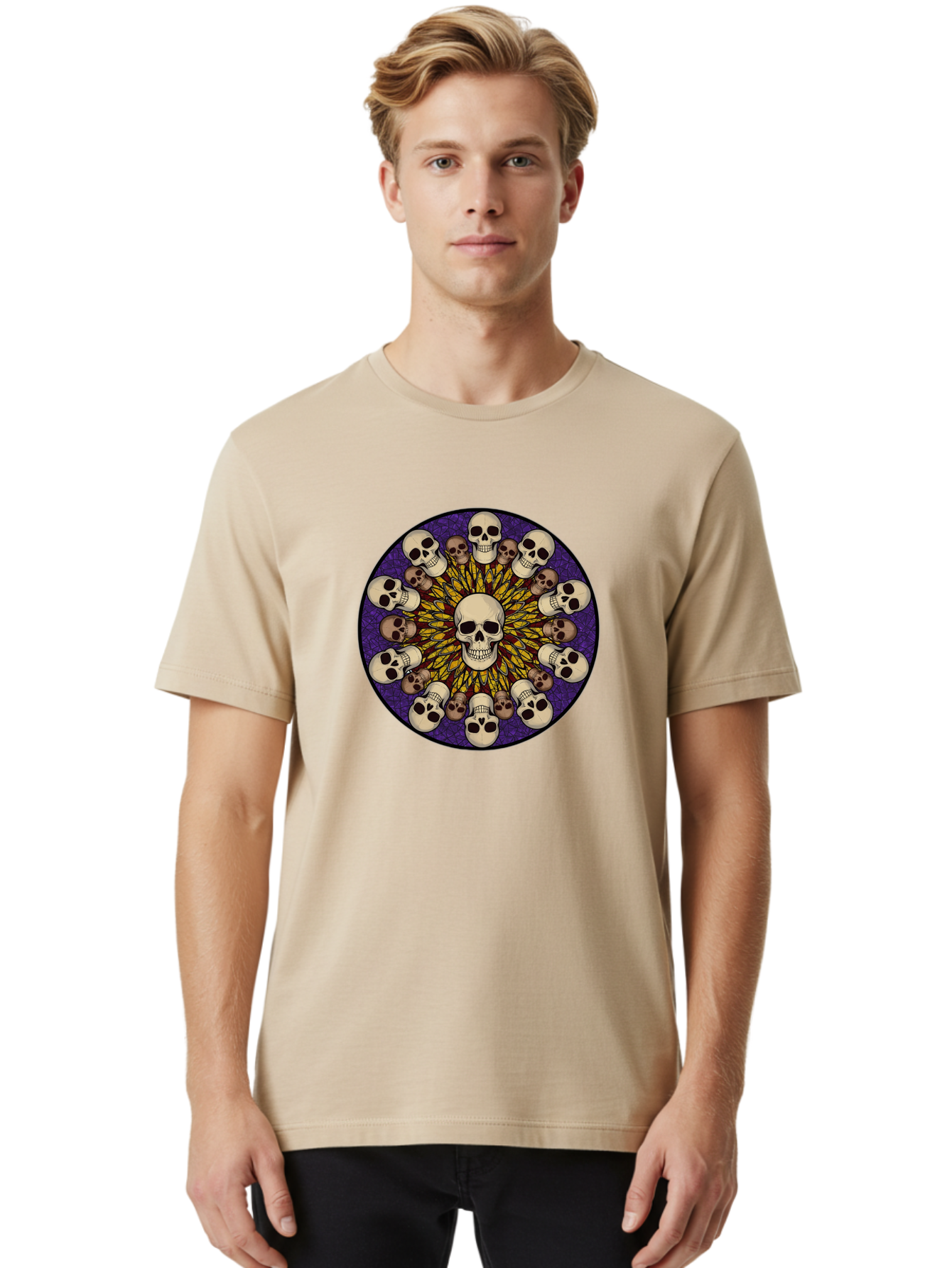 Skull-Explosion Men'S Graphic Tee, 100% Cotton, Comfortable Casual Summer Wear, Machine Washable, Skull Mandala, Human Skulls, Intricate Design, Purple Background, Abstract Art, Alternative Culture, Gothic Art, Yellow Rays, Circle Pattern, Bad584