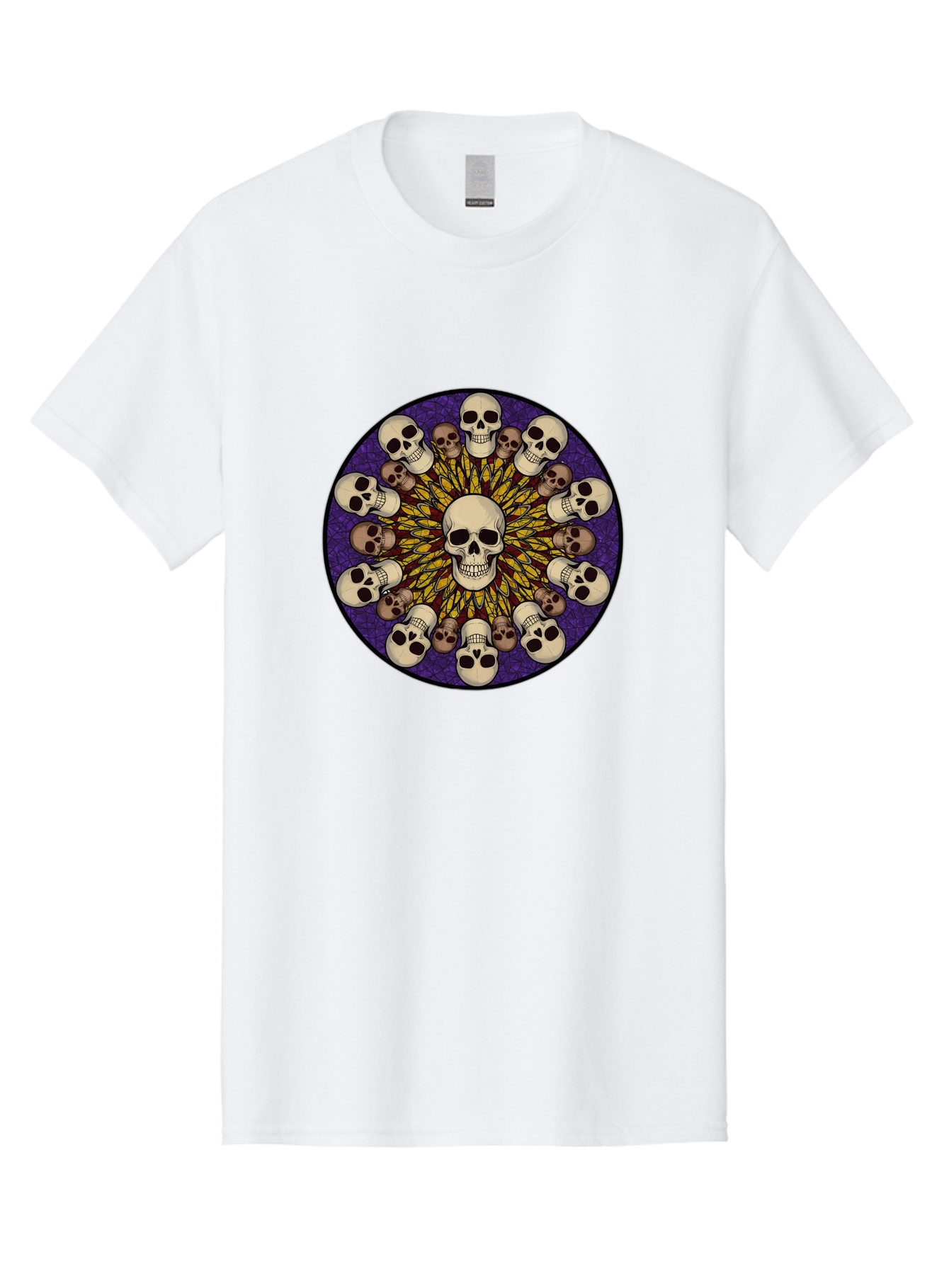 Skull-Explosion Men'S Graphic Tee, 100% Cotton, Comfortable Casual Summer Wear, Machine Washable, Skull Mandala, Human Skulls, Intricate Design, Purple Background, Abstract Art, Alternative Culture, Gothic Art, Yellow Rays, Circle Pattern, Bad584