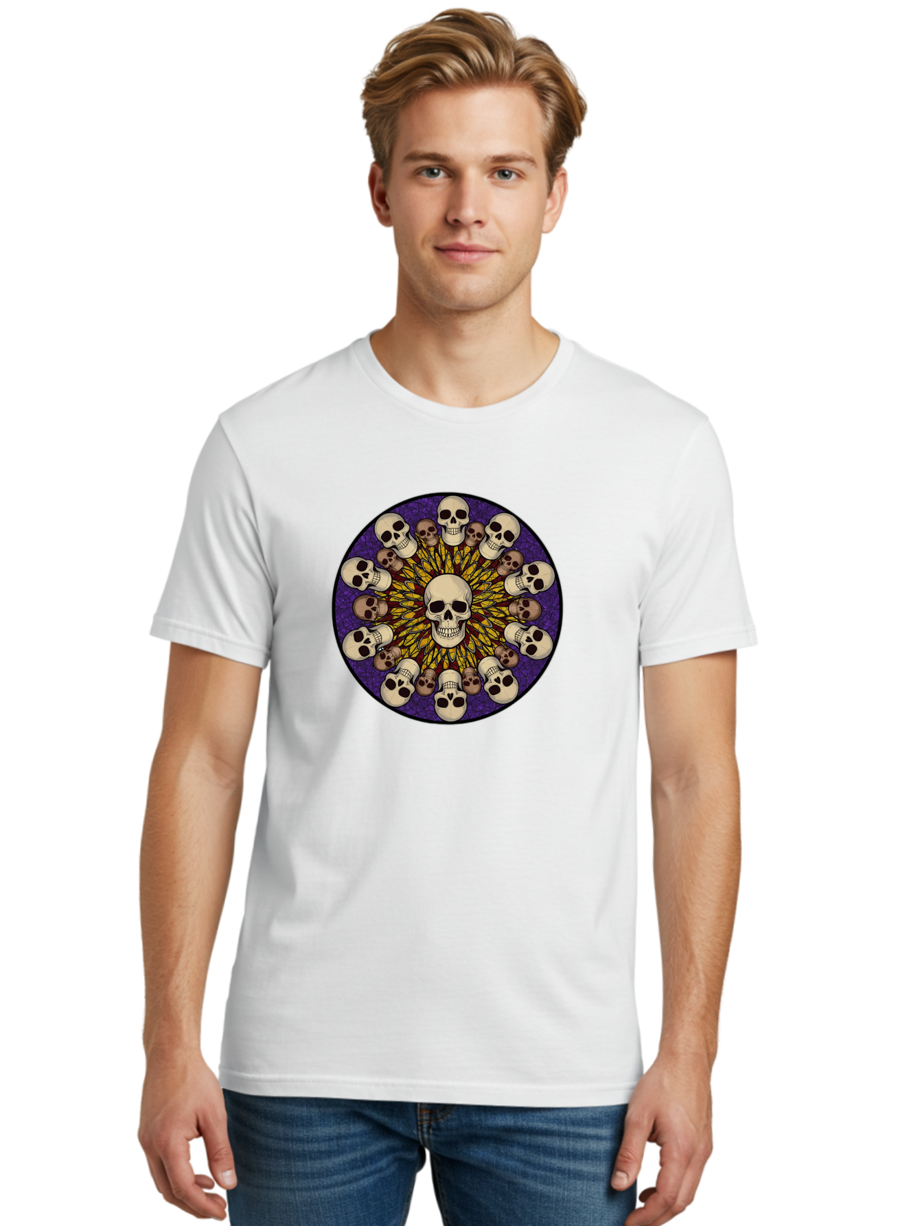 Skull-Explosion Men'S Graphic Tee, 100% Cotton, Comfortable Casual Summer Wear, Machine Washable, Skull Mandala, Human Skulls, Intricate Design, Purple Background, Abstract Art, Alternative Culture, Gothic Art, Yellow Rays, Circle Pattern, Bad584