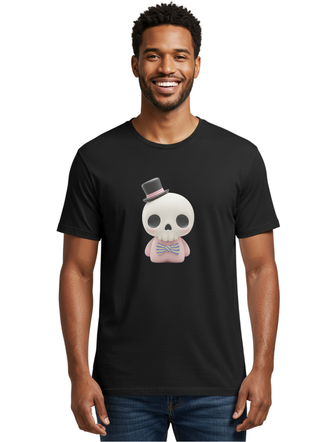 Skull-Figurine Men'S Graphic Tee, 100% Cotton, Comfortable Casual Summer Wear, Machine Washable, Skull Toy, Figurine With Top Hat, Bow Tie, Pink Shirt, Cartoon Character, Novelty Item, Quirky Decor, Funny Gift, Pastel Colors, Humorous Design, Bad585
