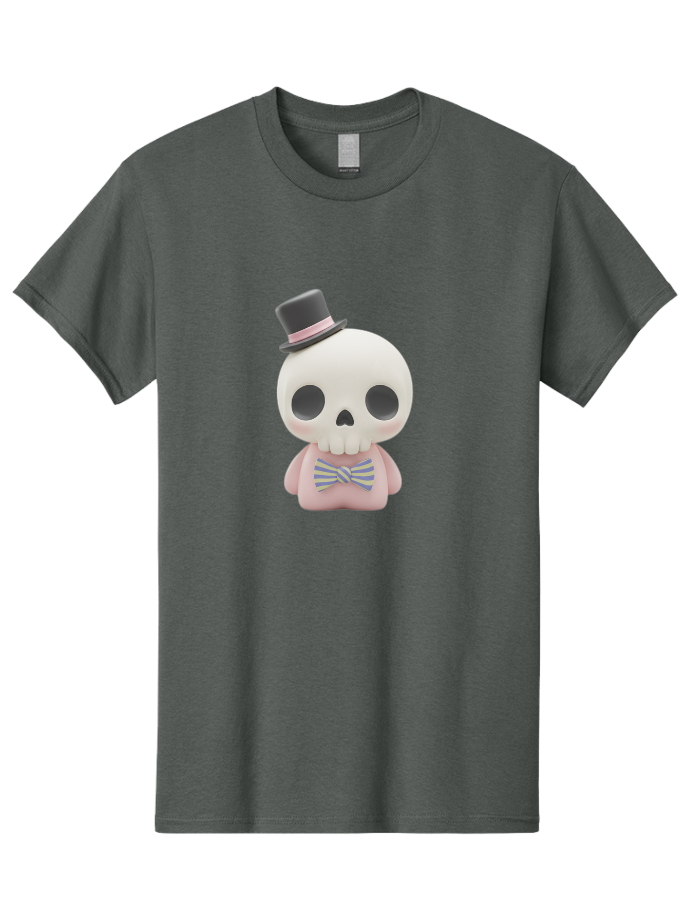 Skull-Figurine Men'S Graphic Tee, 100% Cotton, Comfortable Casual Summer Wear, Machine Washable, Skull Toy, Figurine With Top Hat, Bow Tie, Pink Shirt, Cartoon Character, Novelty Item, Quirky Decor, Funny Gift, Pastel Colors, Humorous Design, Bad585