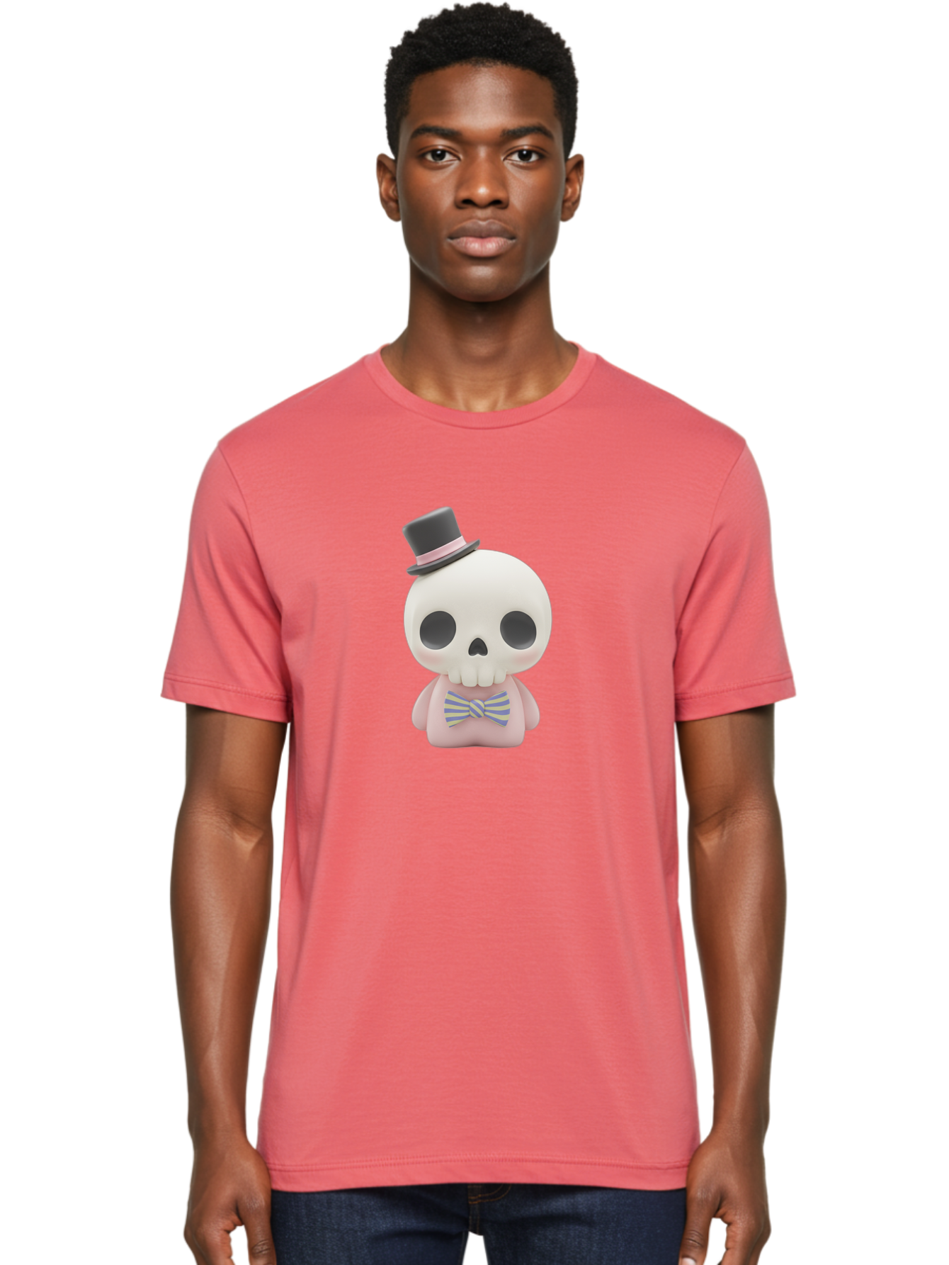 Skull-Figurine Men'S Graphic Tee, 100% Cotton, Comfortable Casual Summer Wear, Machine Washable, Skull Toy, Figurine With Top Hat, Bow Tie, Pink Shirt, Cartoon Character, Novelty Item, Quirky Decor, Funny Gift, Pastel Colors, Humorous Design, Bad585