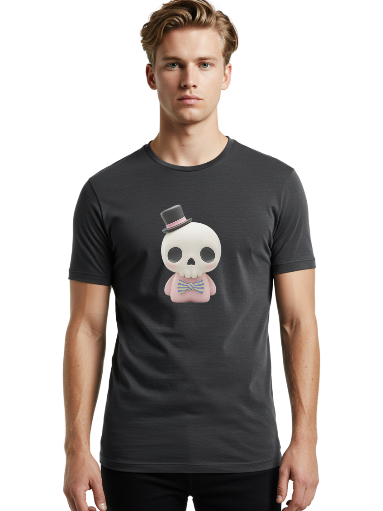 Skull-Figurine Men'S Graphic Tee, 100% Cotton, Comfortable Casual Summer Wear, Machine Washable, Skull Toy, Figurine With Top Hat, Bow Tie, Pink Shirt, Cartoon Character, Novelty Item, Quirky Decor, Funny Gift, Pastel Colors, Humorous Design, Bad585