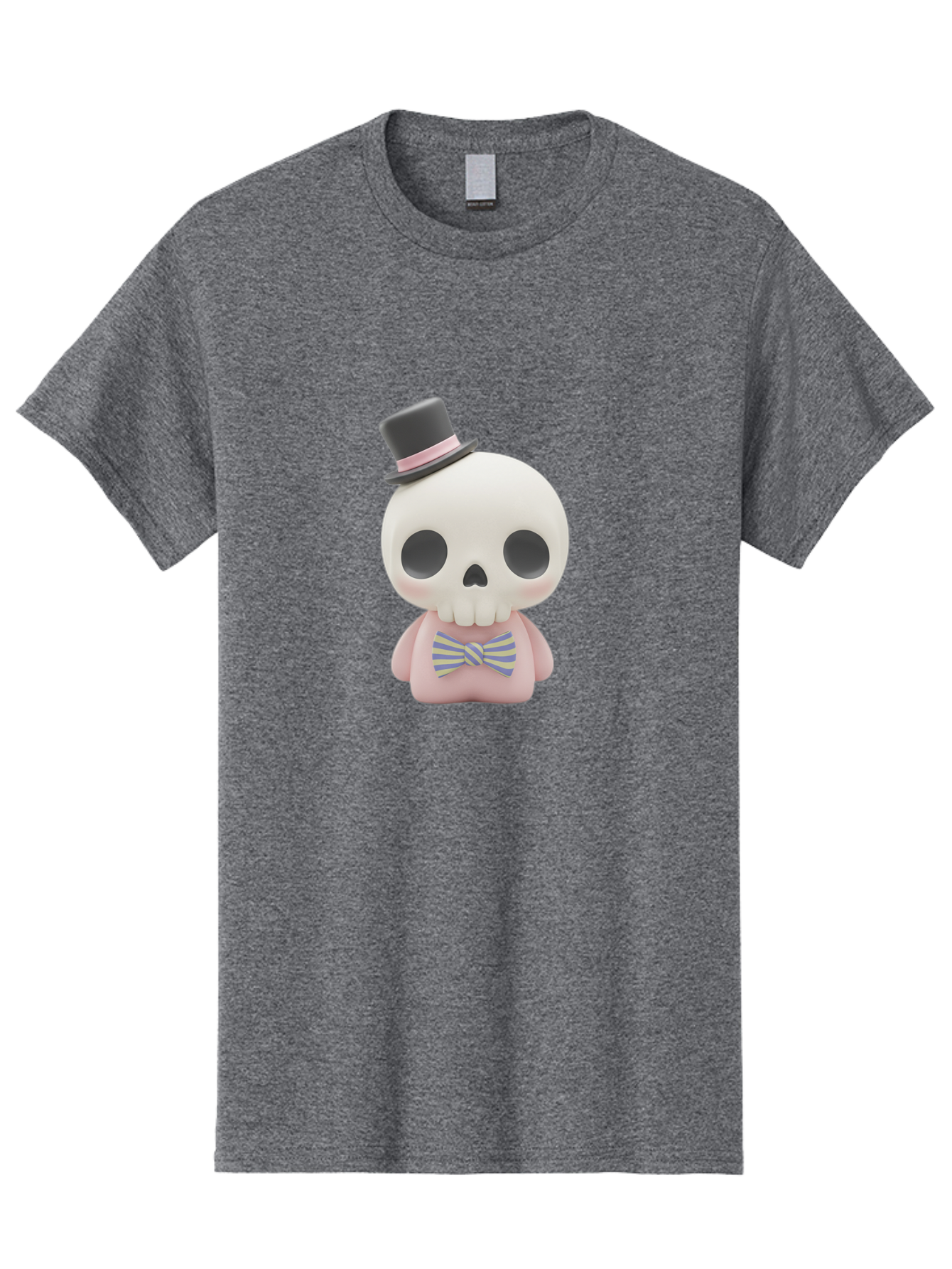Skull-Figurine Men'S Graphic Tee, 100% Cotton, Comfortable Casual Summer Wear, Machine Washable, Skull Toy, Figurine With Top Hat, Bow Tie, Pink Shirt, Cartoon Character, Novelty Item, Quirky Decor, Funny Gift, Pastel Colors, Humorous Design, Bad585