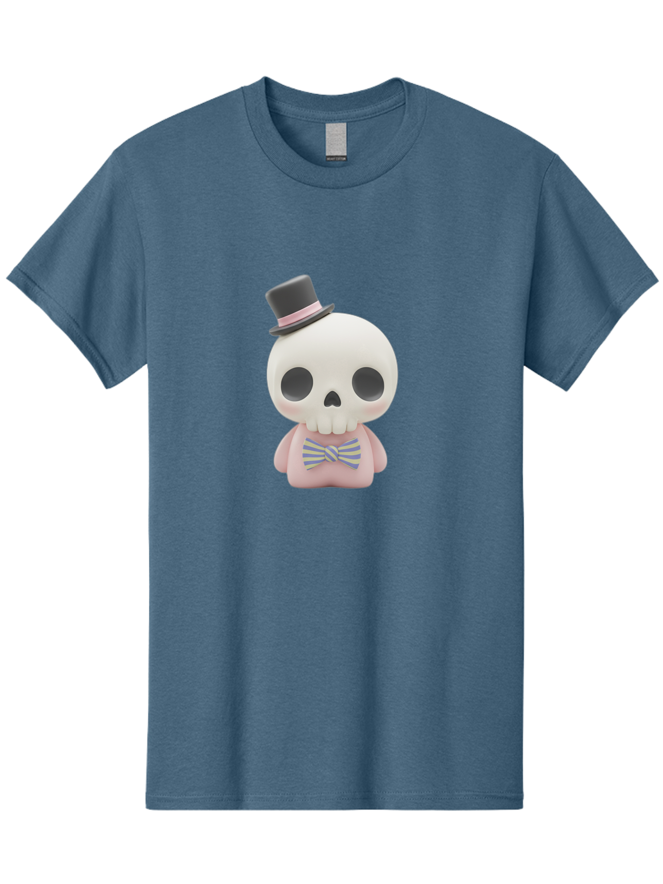 Skull-Figurine Men'S Graphic Tee, 100% Cotton, Comfortable Casual Summer Wear, Machine Washable, Skull Toy, Figurine With Top Hat, Bow Tie, Pink Shirt, Cartoon Character, Novelty Item, Quirky Decor, Funny Gift, Pastel Colors, Humorous Design, Bad585
