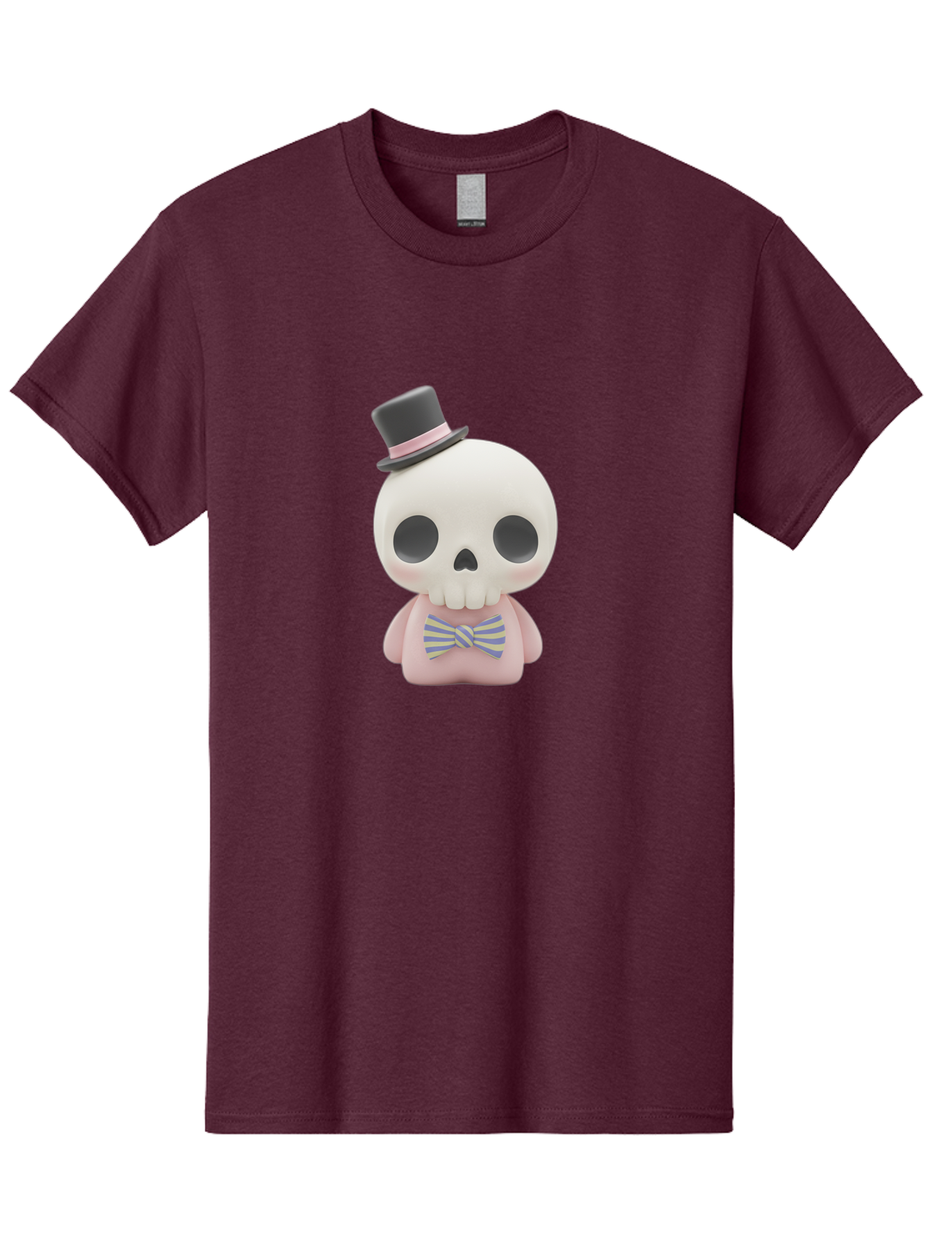Skull-Figurine Men'S Graphic Tee, 100% Cotton, Comfortable Casual Summer Wear, Machine Washable, Skull Toy, Figurine With Top Hat, Bow Tie, Pink Shirt, Cartoon Character, Novelty Item, Quirky Decor, Funny Gift, Pastel Colors, Humorous Design, Bad585