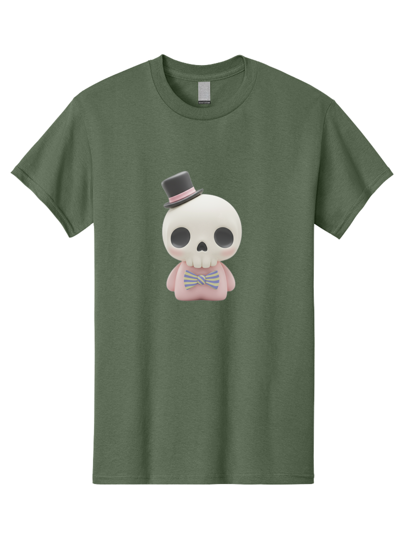 Skull-Figurine Men'S Graphic Tee, 100% Cotton, Comfortable Casual Summer Wear, Machine Washable, Skull Toy, Figurine With Top Hat, Bow Tie, Pink Shirt, Cartoon Character, Novelty Item, Quirky Decor, Funny Gift, Pastel Colors, Humorous Design, Bad585