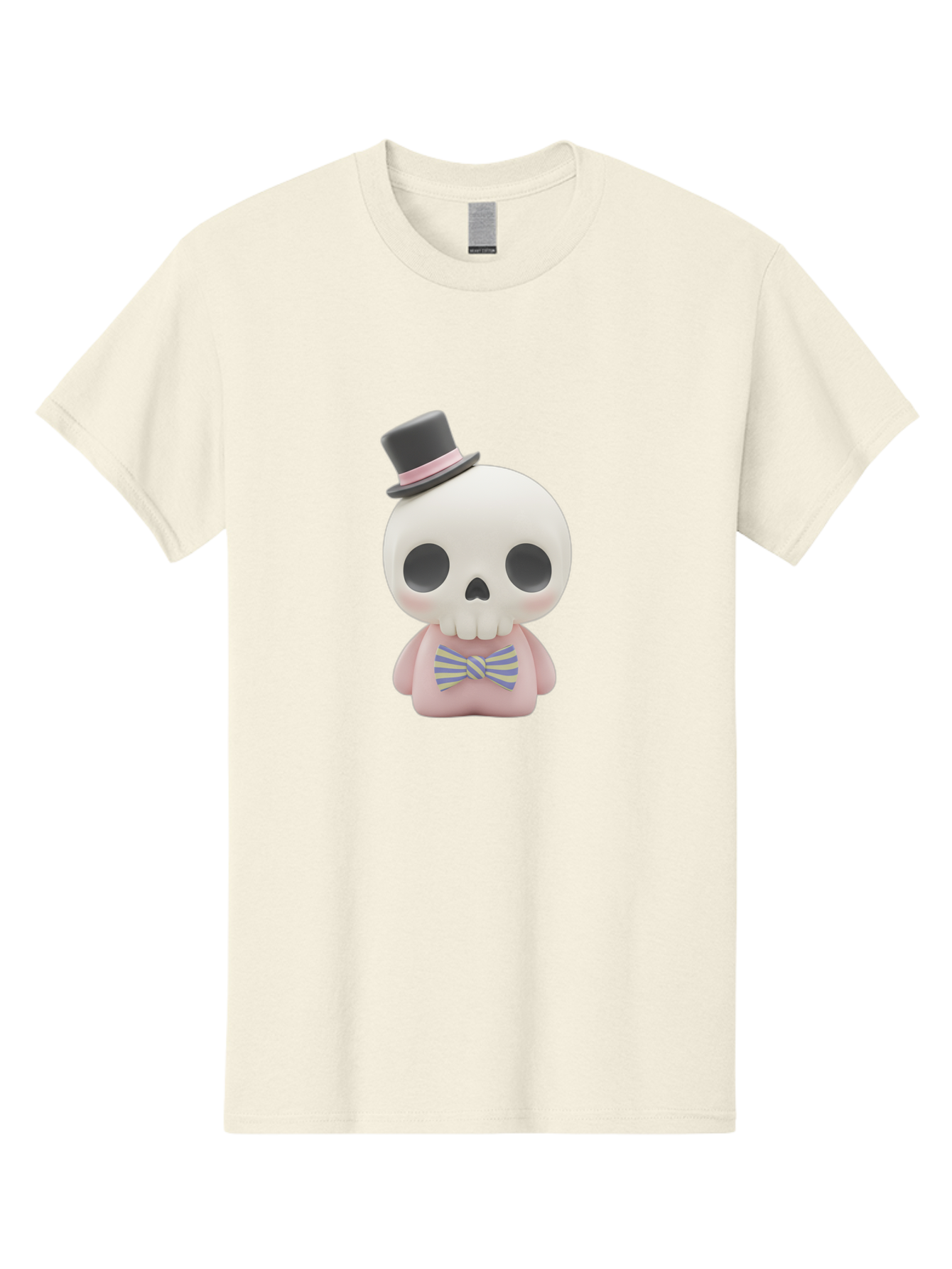 Skull-Figurine Men'S Graphic Tee, 100% Cotton, Comfortable Casual Summer Wear, Machine Washable, Skull Toy, Figurine With Top Hat, Bow Tie, Pink Shirt, Cartoon Character, Novelty Item, Quirky Decor, Funny Gift, Pastel Colors, Humorous Design, Bad585