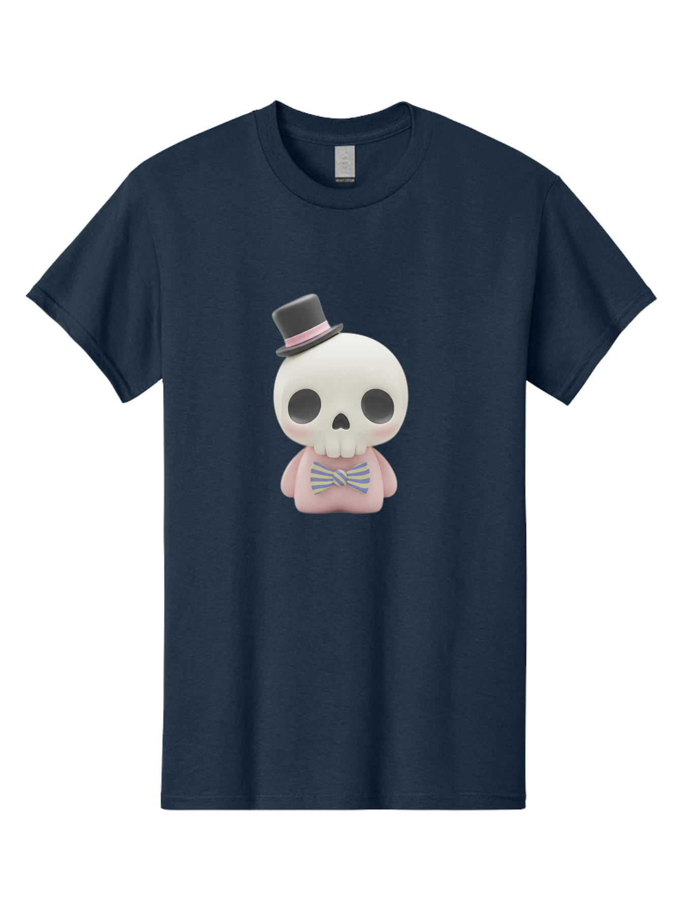 Skull-Figurine Men'S Graphic Tee, 100% Cotton, Comfortable Casual Summer Wear, Machine Washable, Skull Toy, Figurine With Top Hat, Bow Tie, Pink Shirt, Cartoon Character, Novelty Item, Quirky Decor, Funny Gift, Pastel Colors, Humorous Design, Bad585