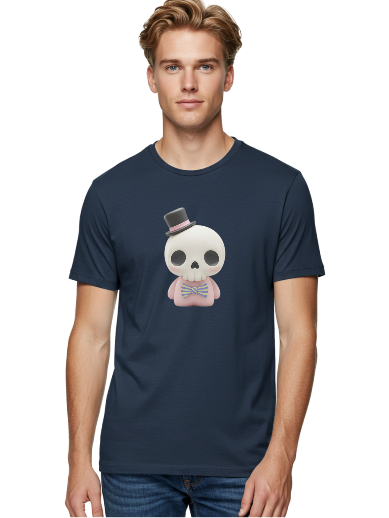 Skull-Figurine Men'S Graphic Tee, 100% Cotton, Comfortable Casual Summer Wear, Machine Washable, Skull Toy, Figurine With Top Hat, Bow Tie, Pink Shirt, Cartoon Character, Novelty Item, Quirky Decor, Funny Gift, Pastel Colors, Humorous Design, Bad585