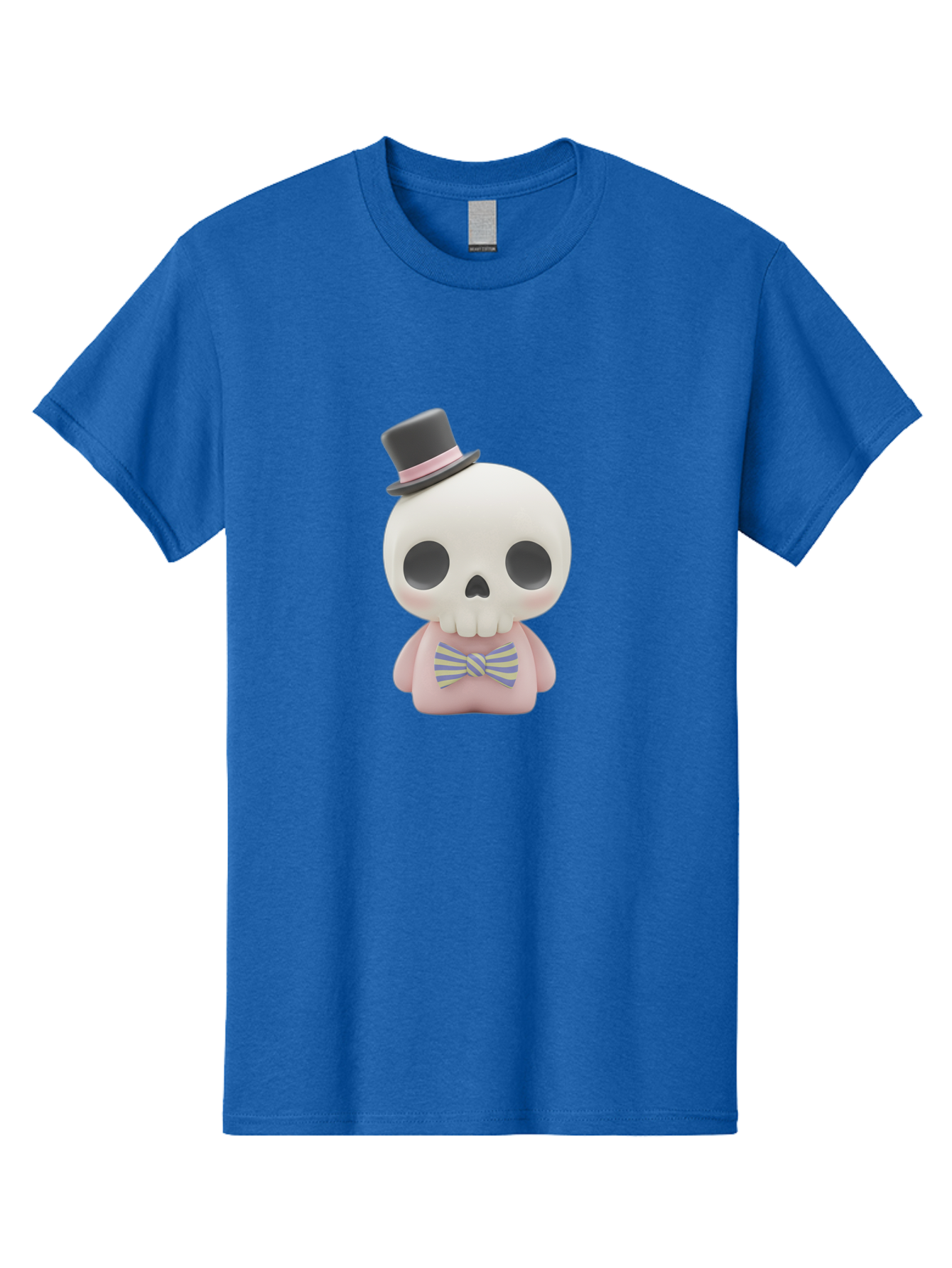 Skull-Figurine Men'S Graphic Tee, 100% Cotton, Comfortable Casual Summer Wear, Machine Washable, Skull Toy, Figurine With Top Hat, Bow Tie, Pink Shirt, Cartoon Character, Novelty Item, Quirky Decor, Funny Gift, Pastel Colors, Humorous Design, Bad585