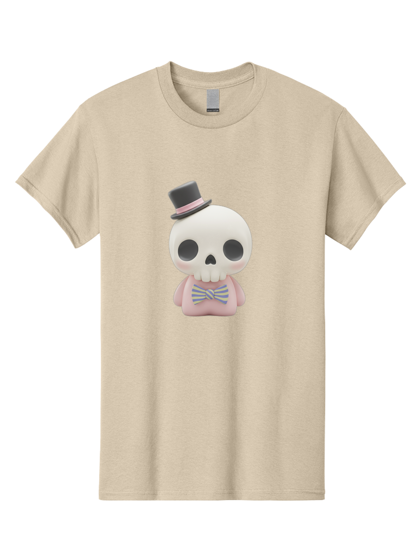 Skull-Figurine Men'S Graphic Tee, 100% Cotton, Comfortable Casual Summer Wear, Machine Washable, Skull Toy, Figurine With Top Hat, Bow Tie, Pink Shirt, Cartoon Character, Novelty Item, Quirky Decor, Funny Gift, Pastel Colors, Humorous Design, Bad585