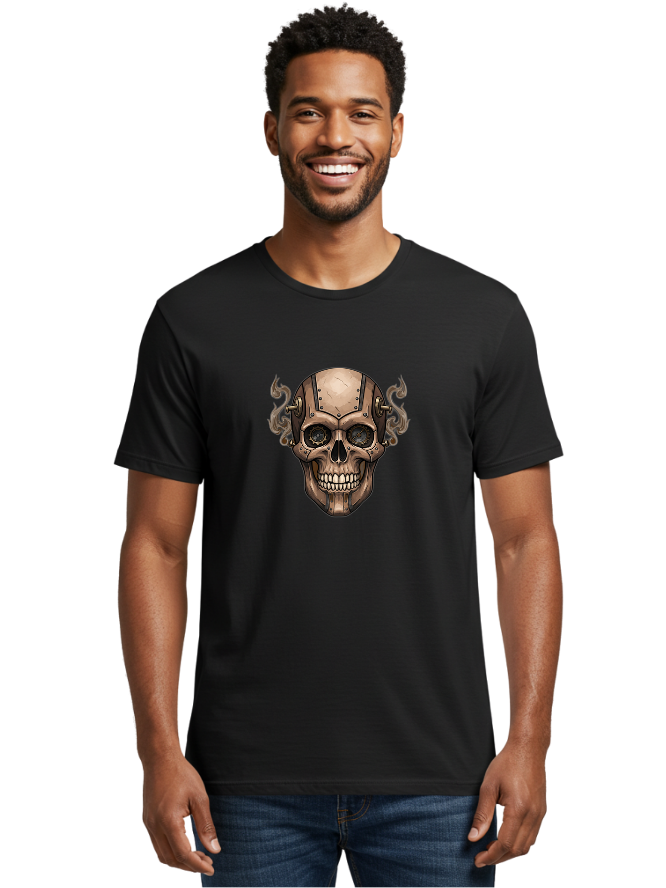 Skull-Head Men'S Graphic Tee, 100% Cotton, Comfortable Casual Summer Wear, Machine Washable, Cyberpunk Skull, Steampunk Art, Mechanical Skull, Robotic Skull, Metallic Skeleton, Futuristic Design, Industrial Tech, Sci-Fi, Bad586