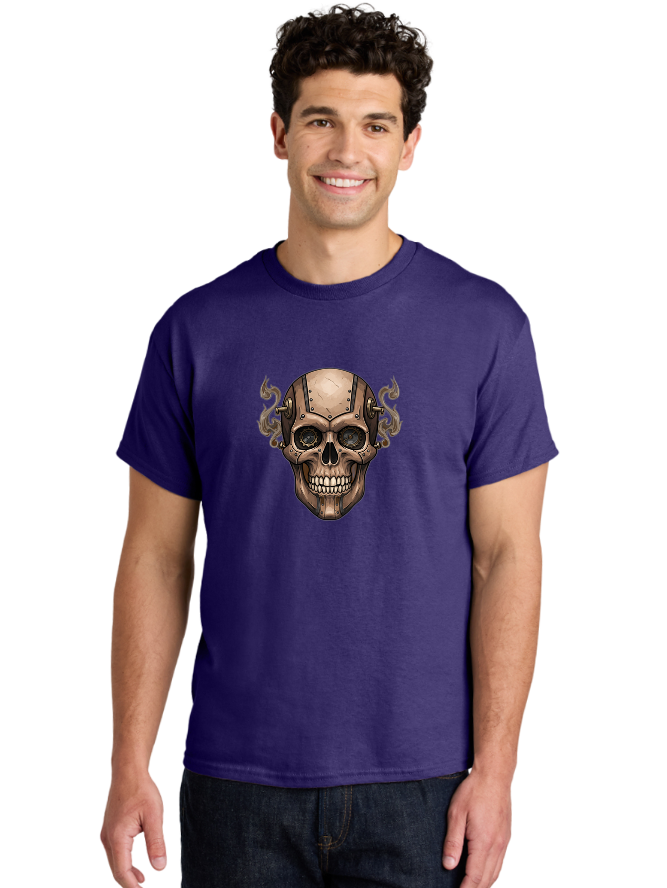 Skull-Head Men'S Graphic Tee, 100% Cotton, Comfortable Casual Summer Wear, Machine Washable, Cyberpunk Skull, Steampunk Art, Mechanical Skull, Robotic Skull, Metallic Skeleton, Futuristic Design, Industrial Tech, Sci-Fi, Bad586