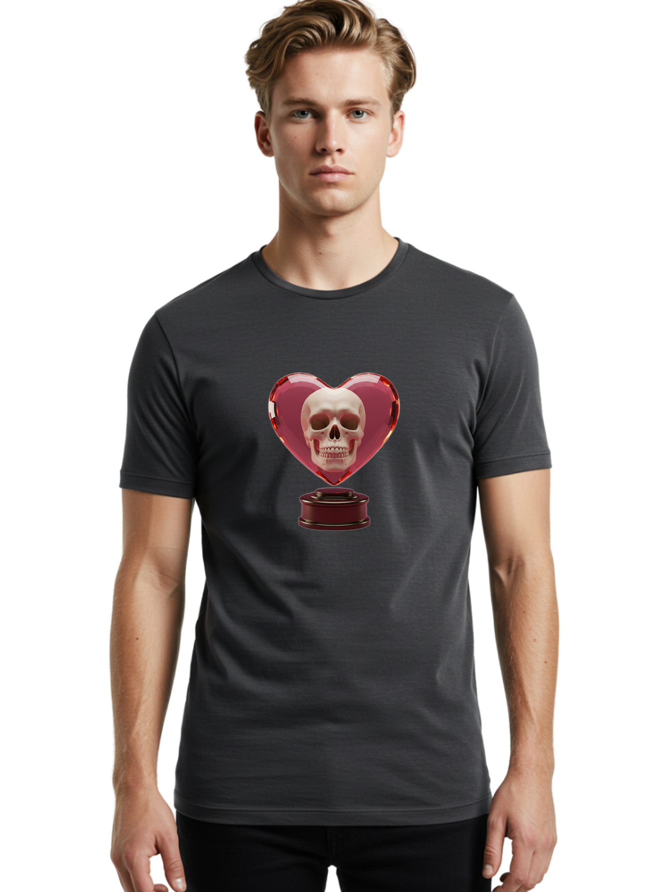 Skull-Heart-Trophy Men'S Graphic Tee, 100% Cotton, Comfortable Casual Summer Wear, Machine Washable, Human Skull, Heart-Shaped Frame, Gothic Decor, Dark Art, Strange Art, Unique Collectible, Dark Romance, Gothic Aesthetic, Unusual Trophy Bad587