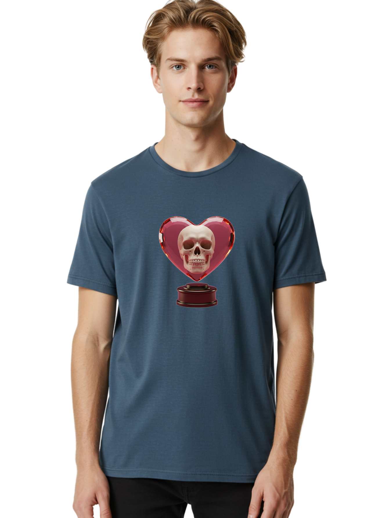 Skull-Heart-Trophy Men'S Graphic Tee, 100% Cotton, Comfortable Casual Summer Wear, Machine Washable, Human Skull, Heart-Shaped Frame, Gothic Decor, Dark Art, Strange Art, Unique Collectible, Dark Romance, Gothic Aesthetic, Unusual Trophy Bad587