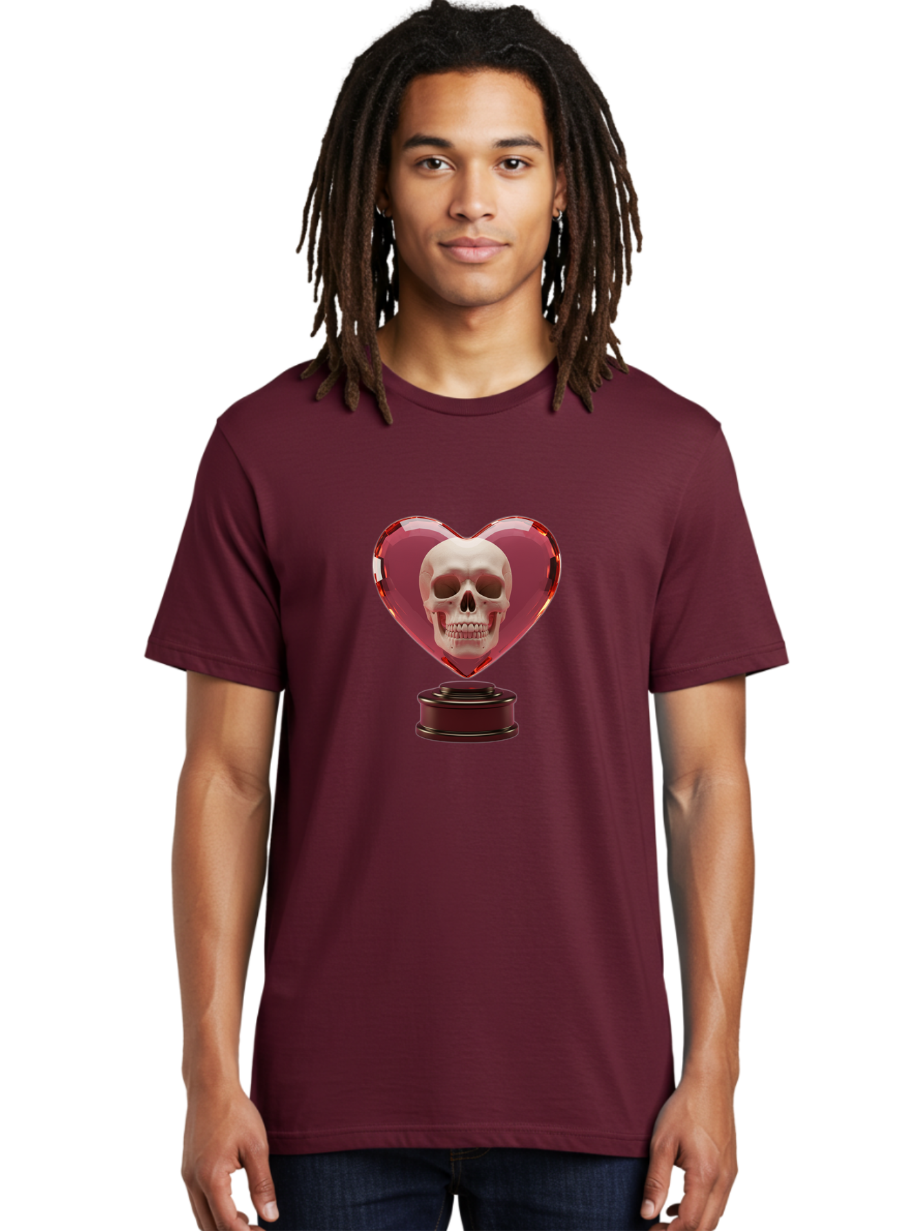 Skull-Heart-Trophy Men'S Graphic Tee, 100% Cotton, Comfortable Casual Summer Wear, Machine Washable, Human Skull, Heart-Shaped Frame, Gothic Decor, Dark Art, Strange Art, Unique Collectible, Dark Romance, Gothic Aesthetic, Unusual Trophy Bad587