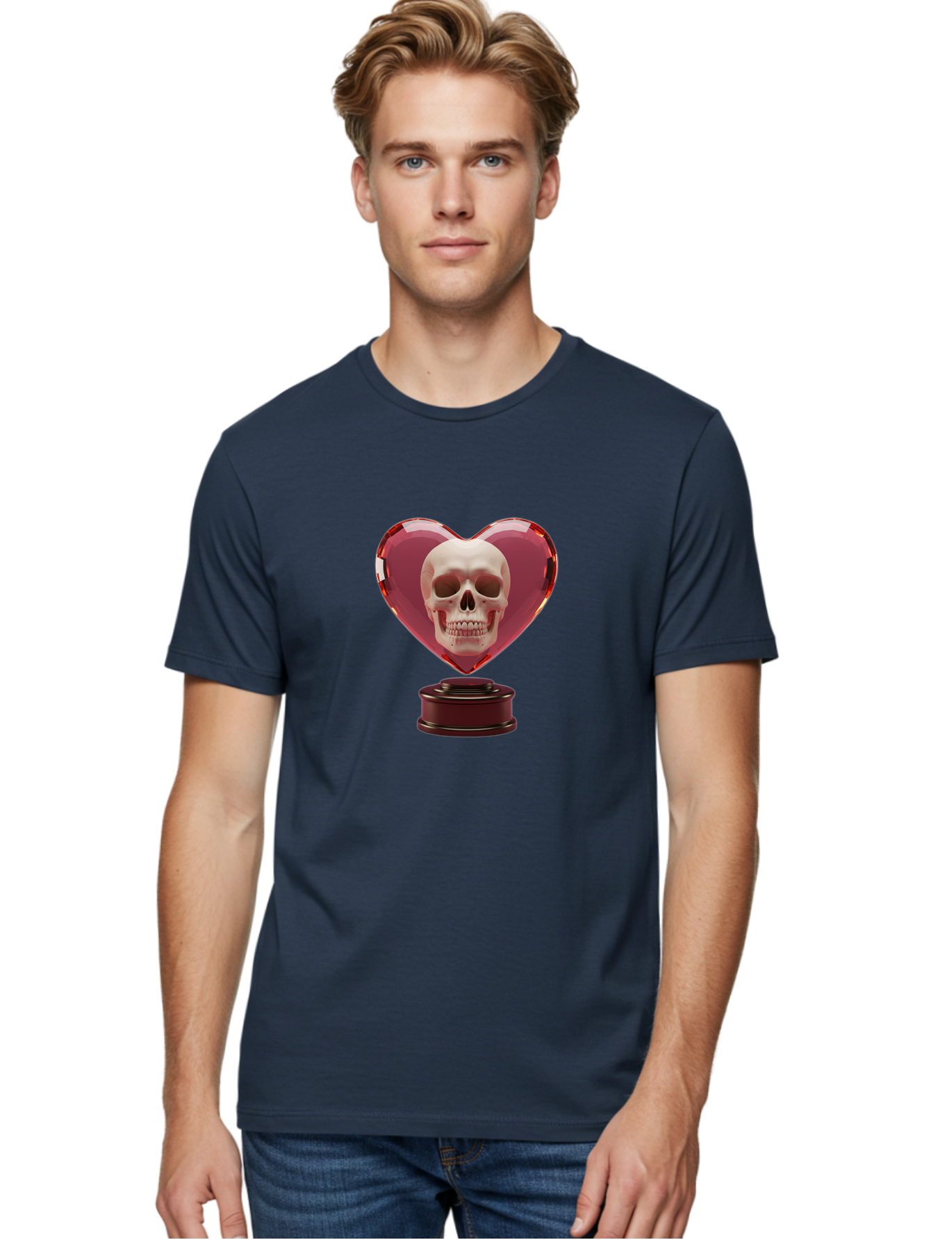 Skull-Heart-Trophy Men'S Graphic Tee, 100% Cotton, Comfortable Casual Summer Wear, Machine Washable, Human Skull, Heart-Shaped Frame, Gothic Decor, Dark Art, Strange Art, Unique Collectible, Dark Romance, Gothic Aesthetic, Unusual Trophy Bad587