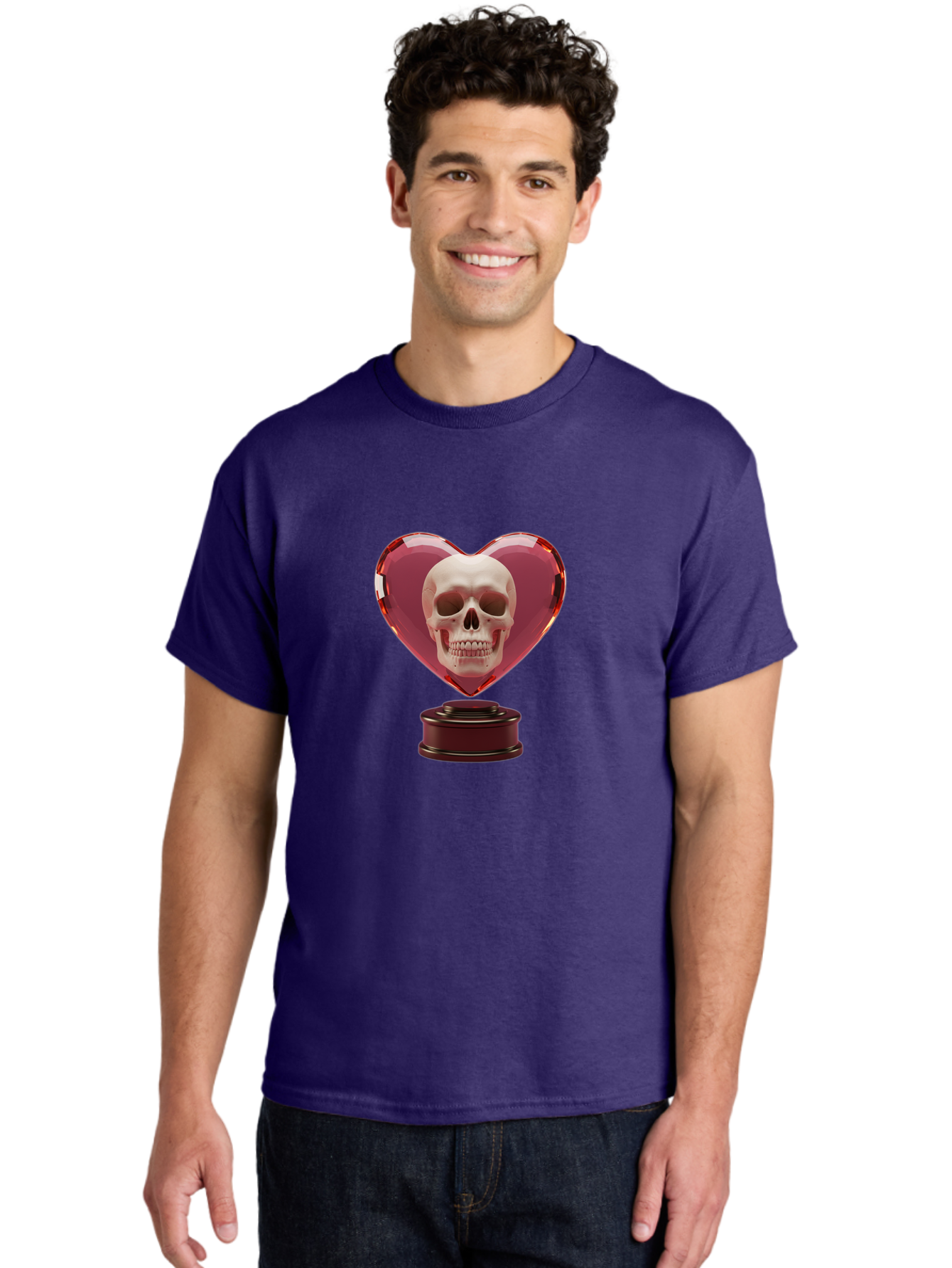 Skull-Heart-Trophy Men'S Graphic Tee, 100% Cotton, Comfortable Casual Summer Wear, Machine Washable, Human Skull, Heart-Shaped Frame, Gothic Decor, Dark Art, Strange Art, Unique Collectible, Dark Romance, Gothic Aesthetic, Unusual Trophy Bad587