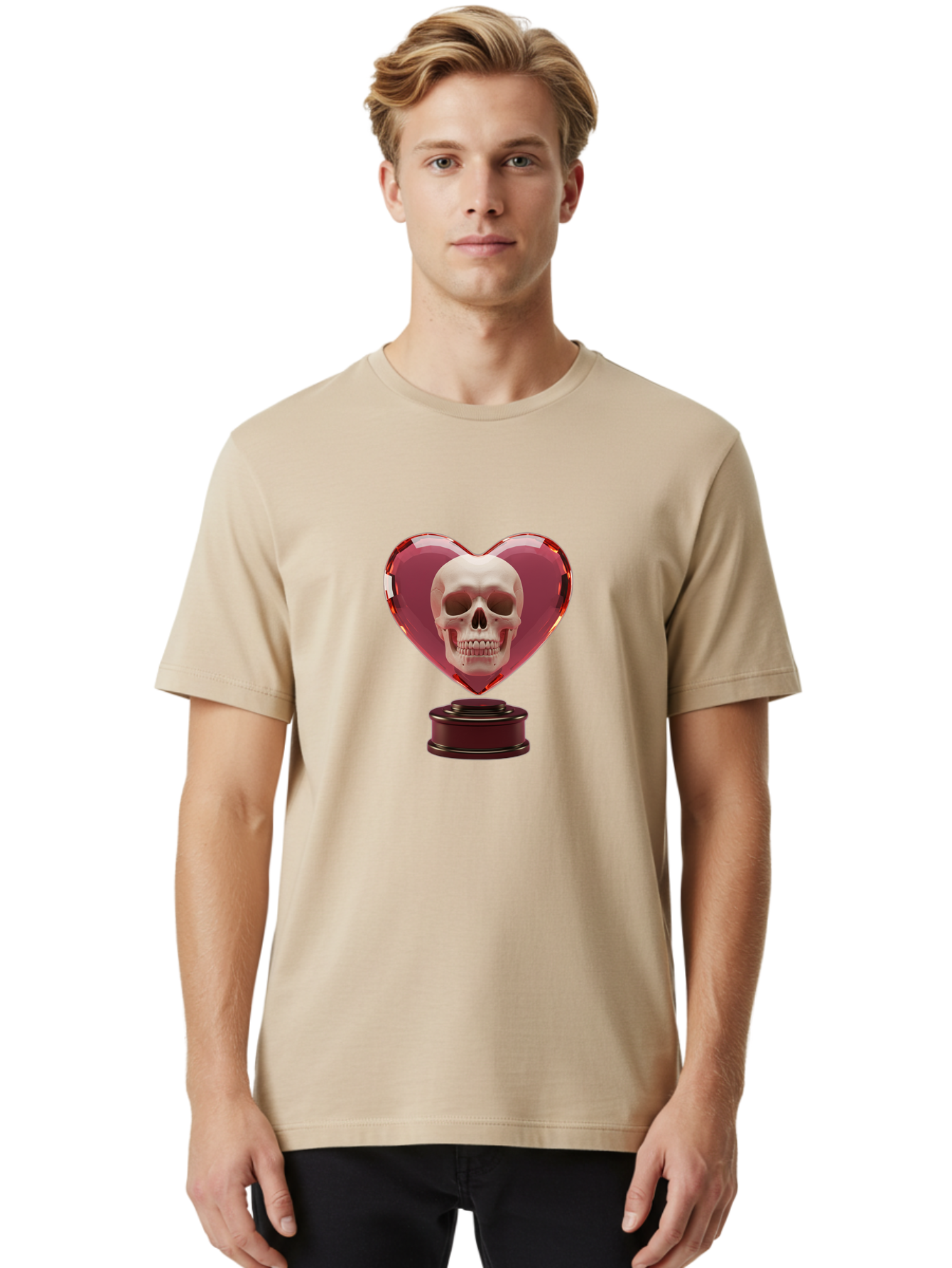 Skull-Heart-Trophy Men'S Graphic Tee, 100% Cotton, Comfortable Casual Summer Wear, Machine Washable, Human Skull, Heart-Shaped Frame, Gothic Decor, Dark Art, Strange Art, Unique Collectible, Dark Romance, Gothic Aesthetic, Unusual Trophy Bad587
