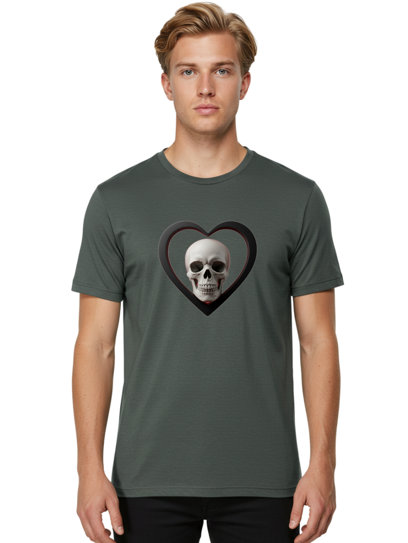 Skull-In-Heart Men'S Graphic Tee, 100% Cotton, Comfortable Casual Summer Wear, Machine Washable, Human Skull, Heart Shape, Black Outline, Gothic Symbolism, Edgy Aesthetic, Dark Art, Skull Art, Heart Frame Bad588