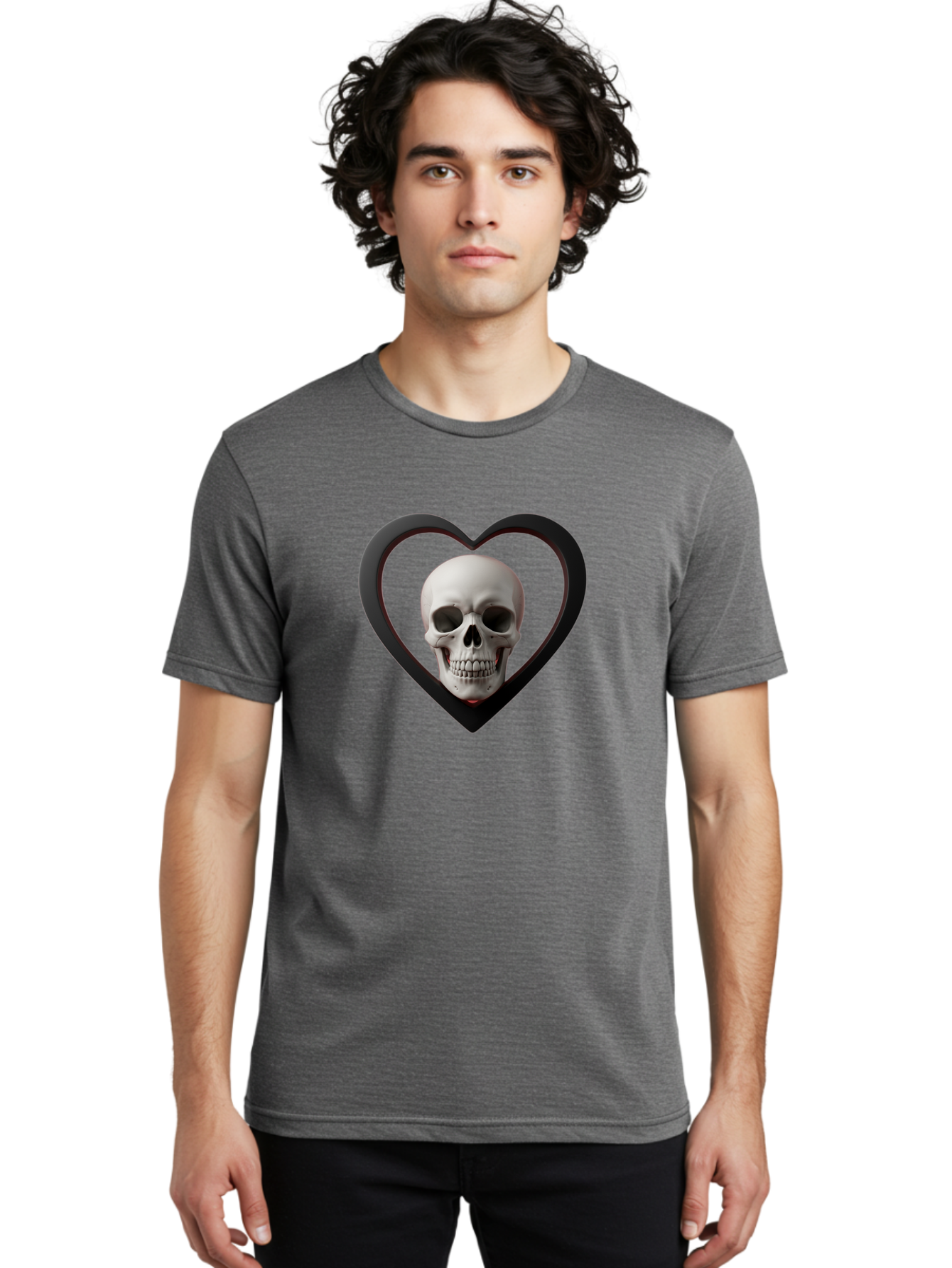Skull-In-Heart Men'S Graphic Tee, 100% Cotton, Comfortable Casual Summer Wear, Machine Washable, Human Skull, Heart Shape, Black Outline, Gothic Symbolism, Edgy Aesthetic, Dark Art, Skull Art, Heart Frame Bad588