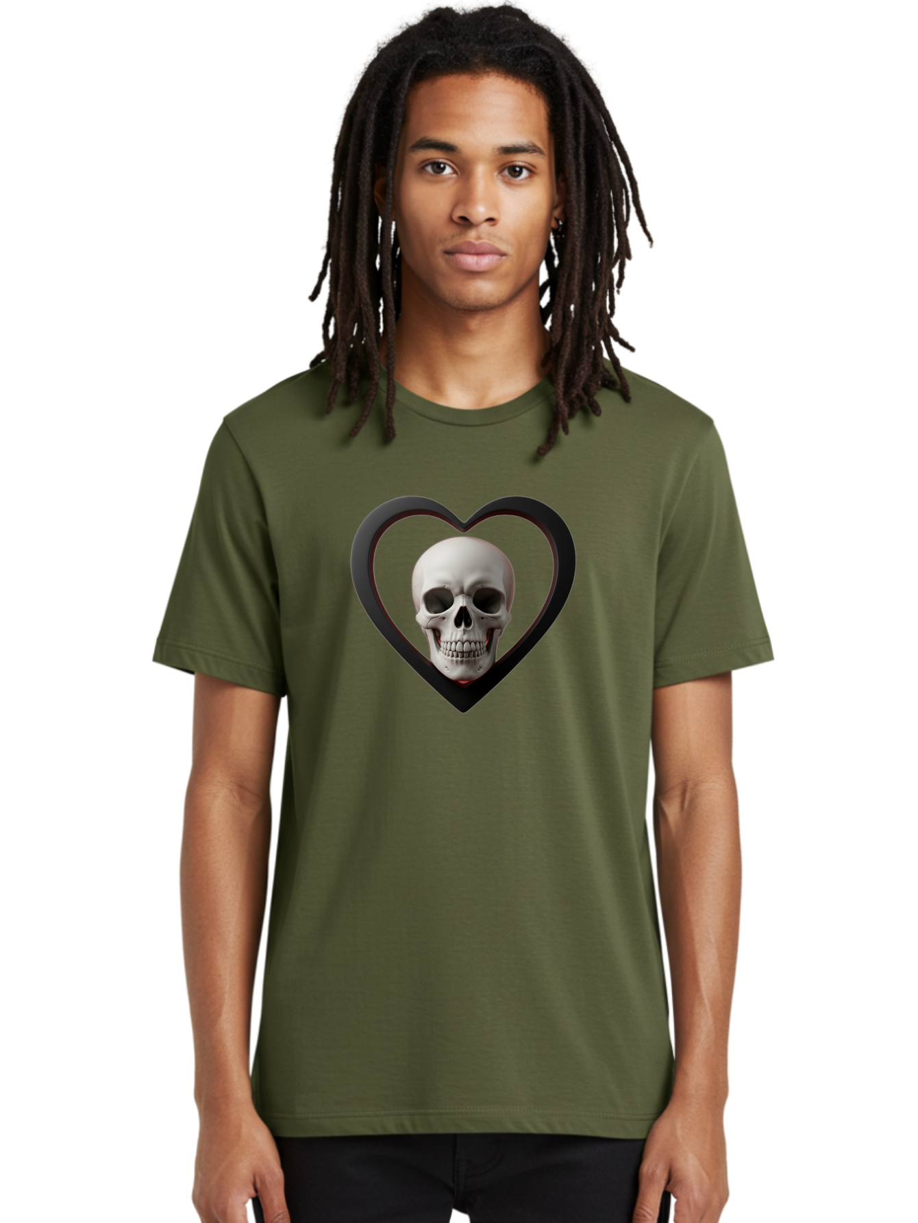 Skull-In-Heart Men'S Graphic Tee, 100% Cotton, Comfortable Casual Summer Wear, Machine Washable, Human Skull, Heart Shape, Black Outline, Gothic Symbolism, Edgy Aesthetic, Dark Art, Skull Art, Heart Frame Bad588