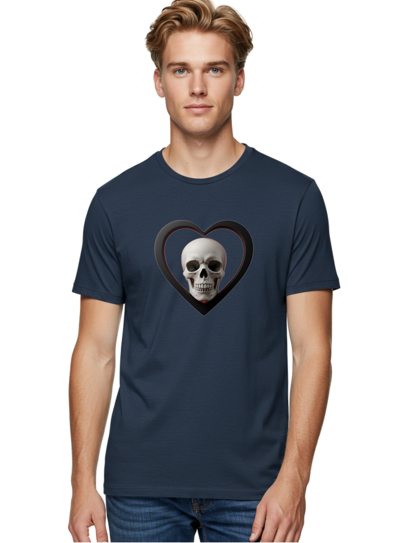 Skull-In-Heart Men'S Graphic Tee, 100% Cotton, Comfortable Casual Summer Wear, Machine Washable, Human Skull, Heart Shape, Black Outline, Gothic Symbolism, Edgy Aesthetic, Dark Art, Skull Art, Heart Frame Bad588