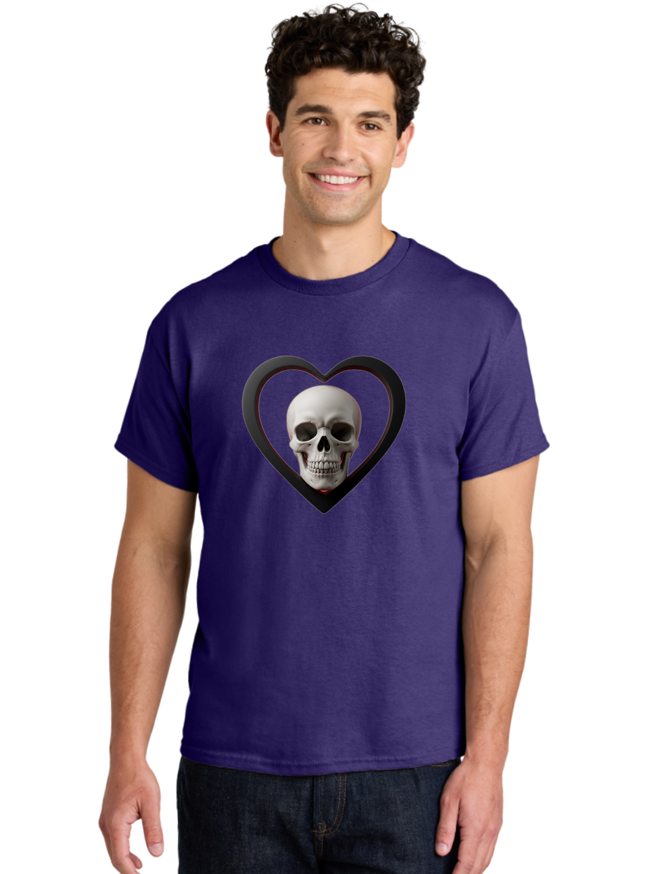 Skull-In-Heart Men'S Graphic Tee, 100% Cotton, Comfortable Casual Summer Wear, Machine Washable, Human Skull, Heart Shape, Black Outline, Gothic Symbolism, Edgy Aesthetic, Dark Art, Skull Art, Heart Frame Bad588