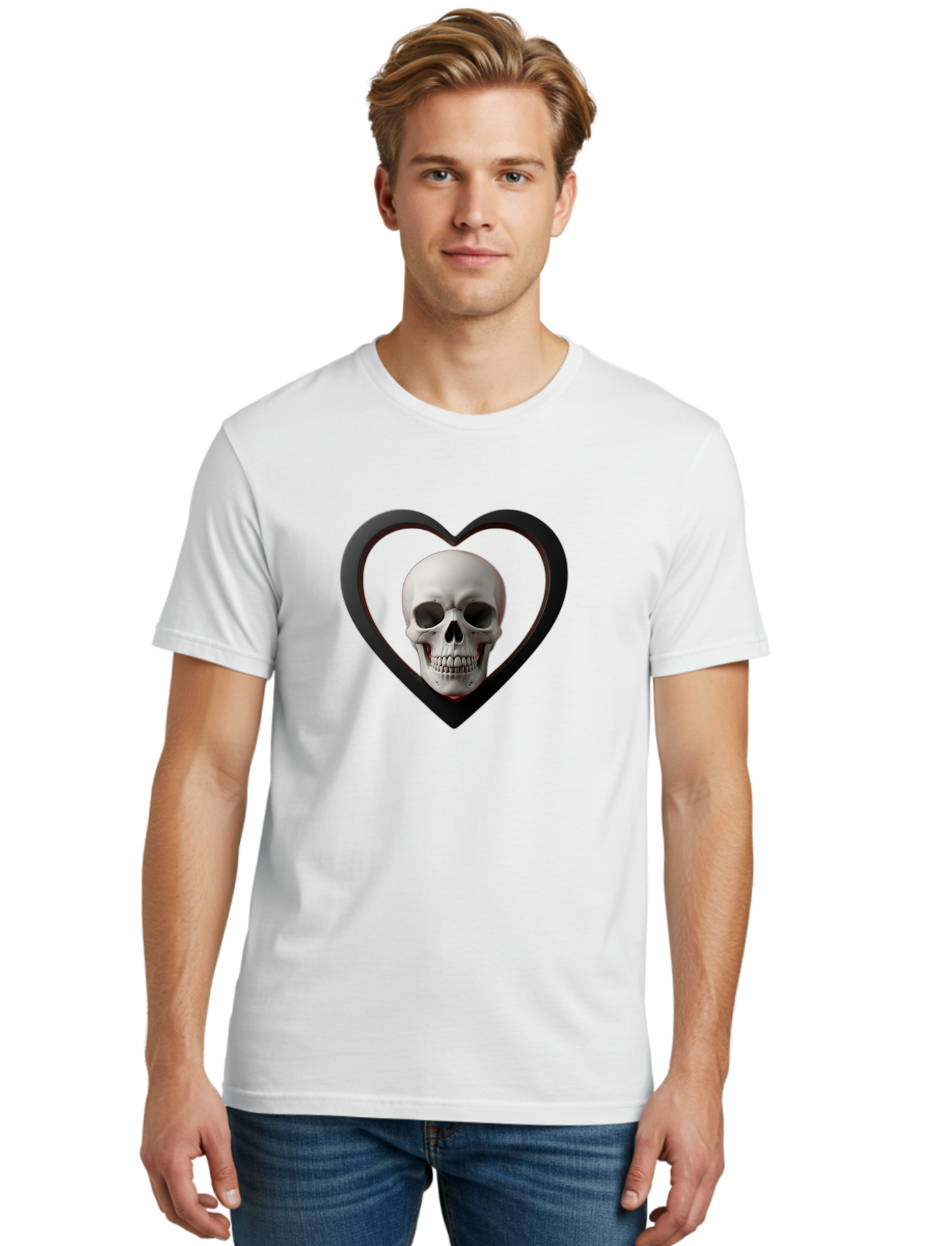 Skull-In-Heart Men'S Graphic Tee, 100% Cotton, Comfortable Casual Summer Wear, Machine Washable, Human Skull, Heart Shape, Black Outline, Gothic Symbolism, Edgy Aesthetic, Dark Art, Skull Art, Heart Frame Bad588