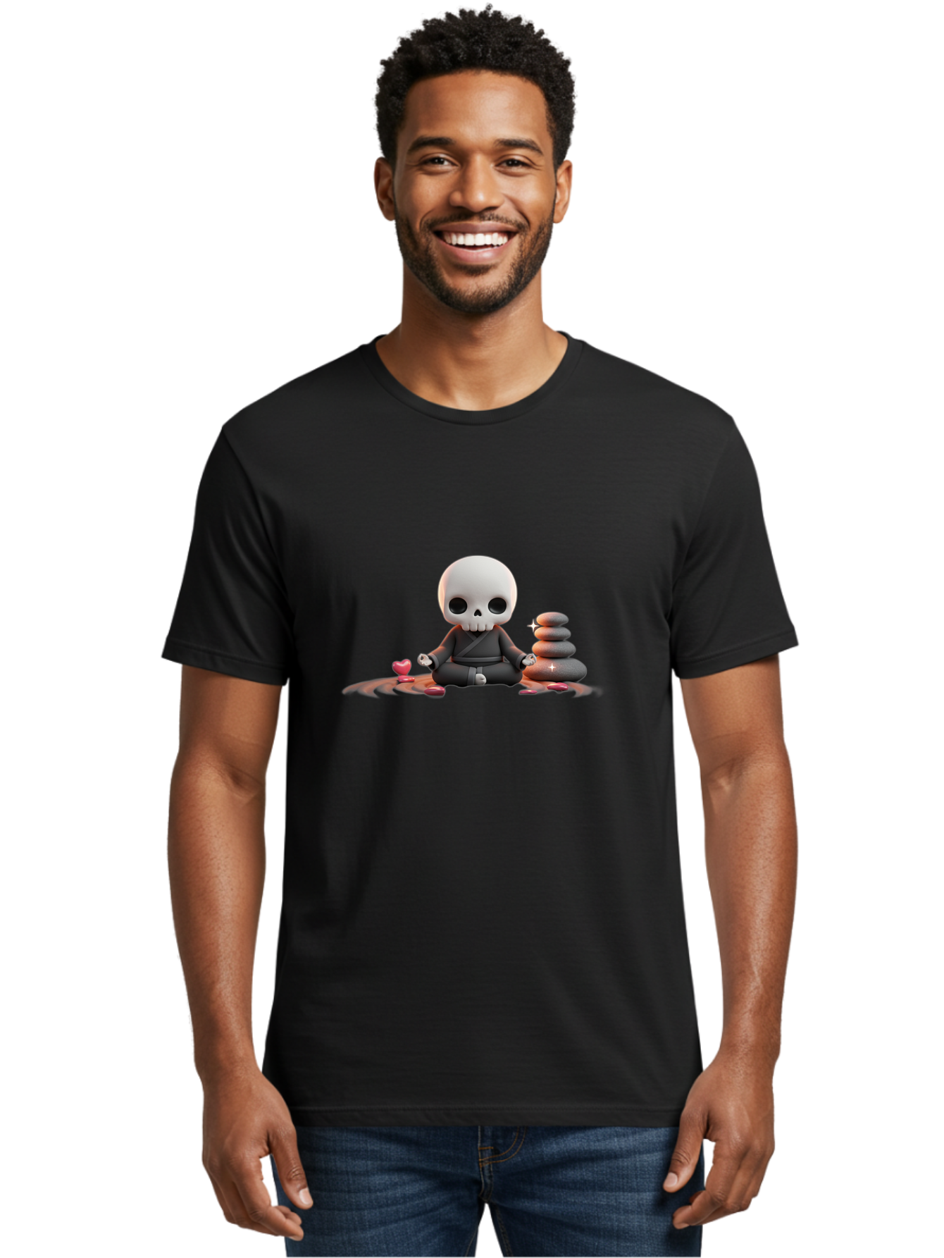 Skull-In-Meditation Men'S Graphic Tee, 100% Cotton, Comfortable Casual Summer Wear, Machine Washable, Meditating Skull, Zen Rocks, Balance And Harmony, Peaceful Atmosphere, Lotus Position, Mindfulness, Meditation, Zen Stones, Calmness, Bad589