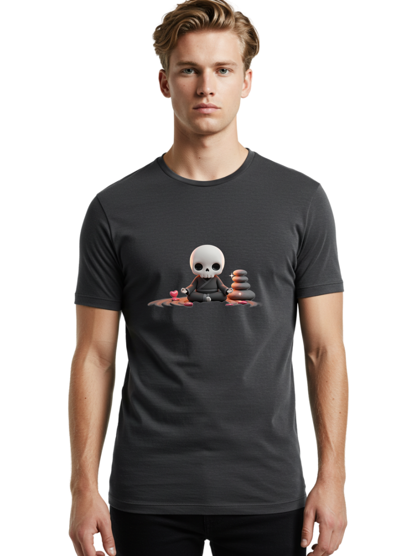 Skull-In-Meditation Men'S Graphic Tee, 100% Cotton, Comfortable Casual Summer Wear, Machine Washable, Meditating Skull, Zen Rocks, Balance And Harmony, Peaceful Atmosphere, Lotus Position, Mindfulness, Meditation, Zen Stones, Calmness, Bad589